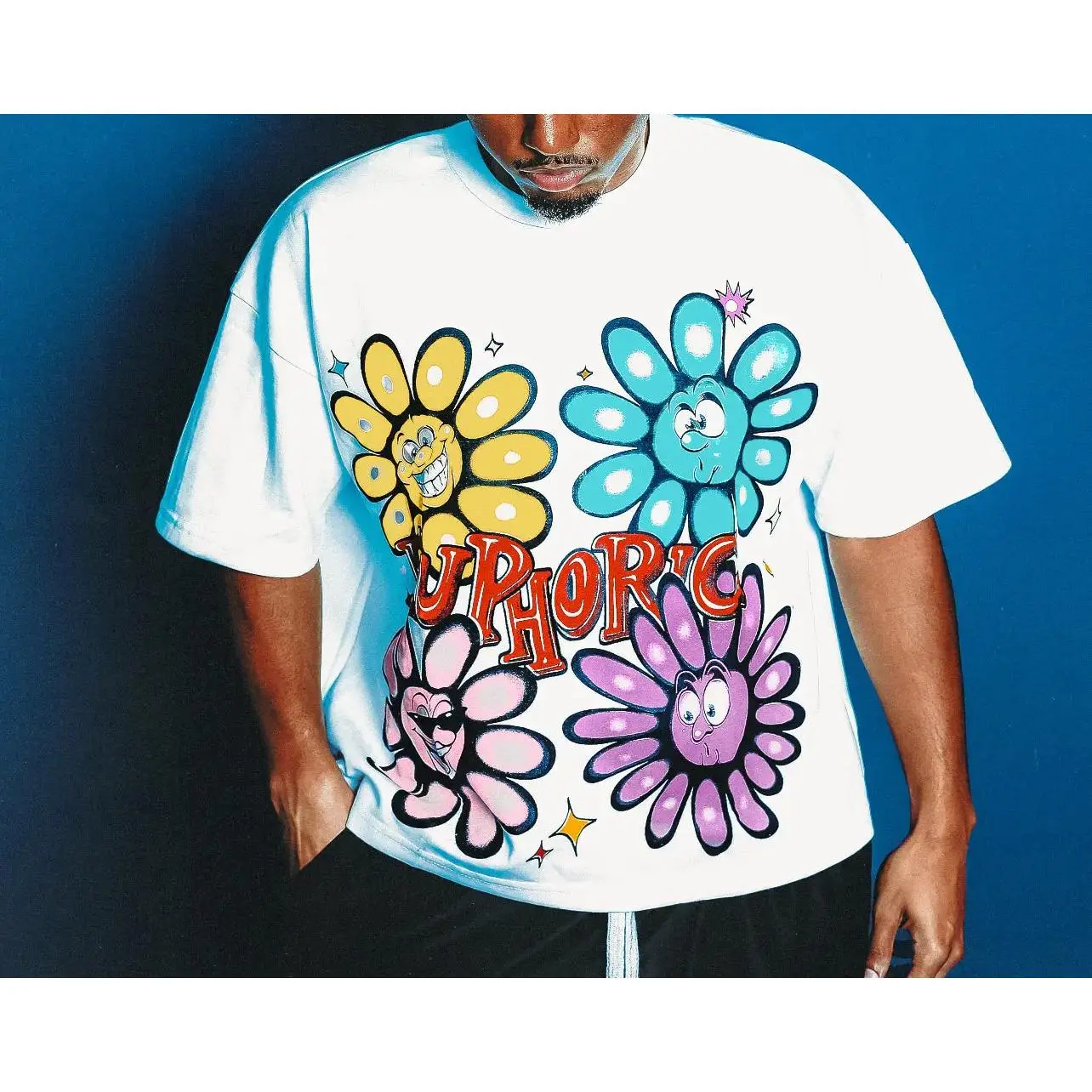 Unisex Oversized T-Shirt Euphoric Cartoon Face Daisy Graphic Colorful Flower Y2K Vintage White Casual Streetwear Short Sleeve Top