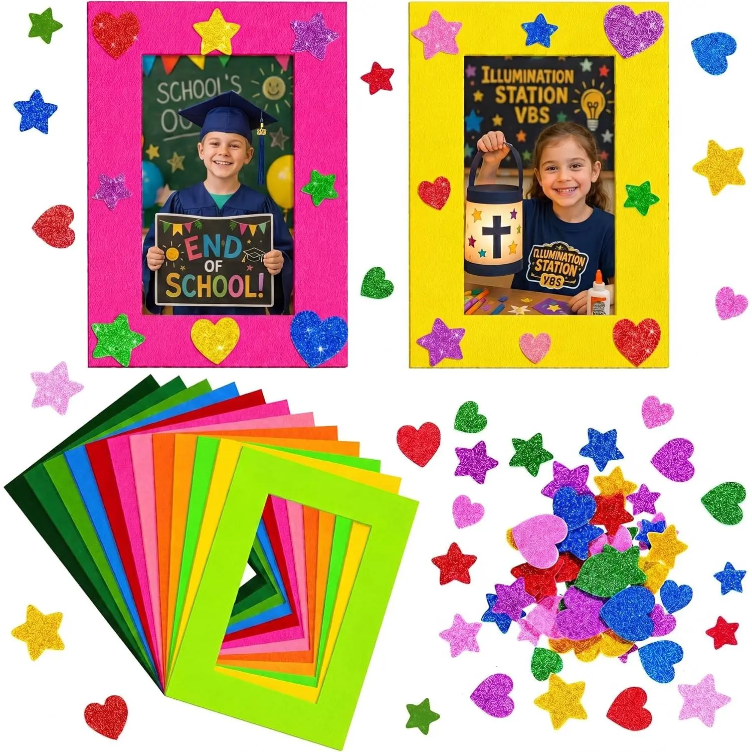 24 Pieces Felt Craft Picture Frames with 50 Glitter Foam Stickers, 4x6 Inch, 12 Colors, Hearts & Stars, for DIY Crafts, Home Office Decor, Holiday Photo DisplayGift