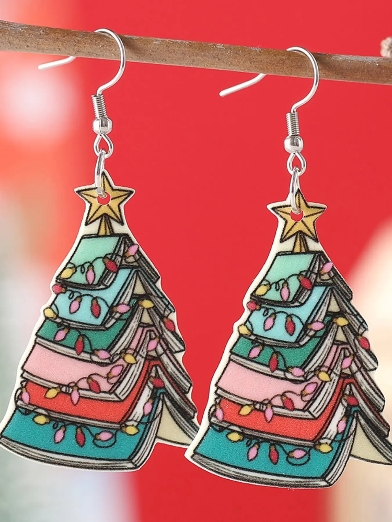 Creative Book Stack Christmas Tree Acrylic Earrings, Colorful Light Star Christmas Unique Personality Ear Studs, Festive Holiday Jewelry, Fashionable Earrings