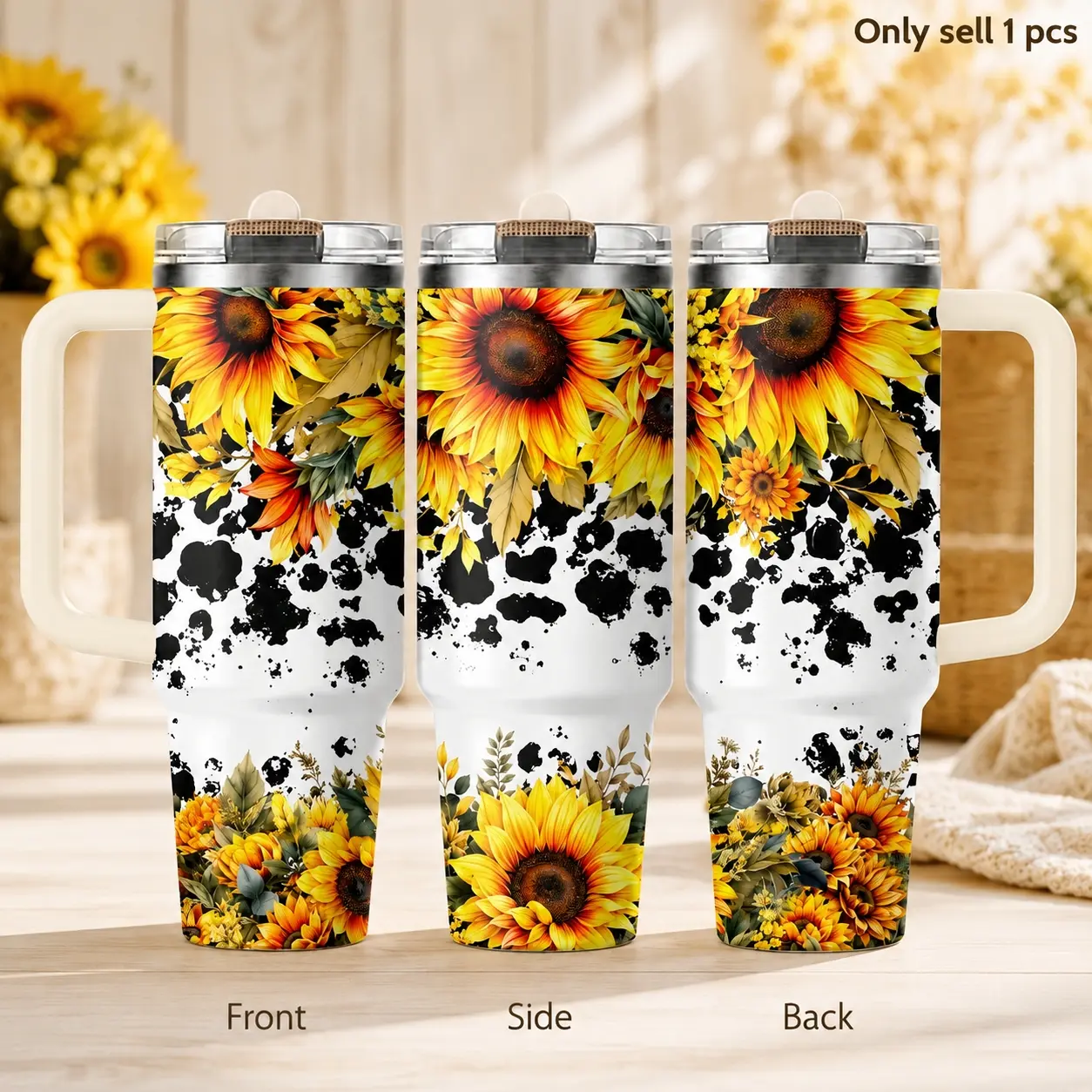 Boho Sunflower Floral 40oz Tumbler – Rustic Aesthetic Stainless Steel Insulated Travel Mug with Handle & Straw Lid for Coffee, Water, Office, Gym, Car, Cute Country Gift for Her