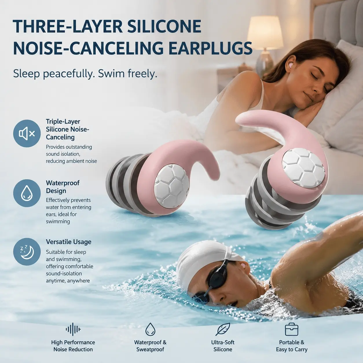 Reusable Silicone Noise Cancelling Earplugs for Sleeping Swimming Travel Work Study Sweatproof Waterproof Hypoallergenic Comfortable Portable Case Included
