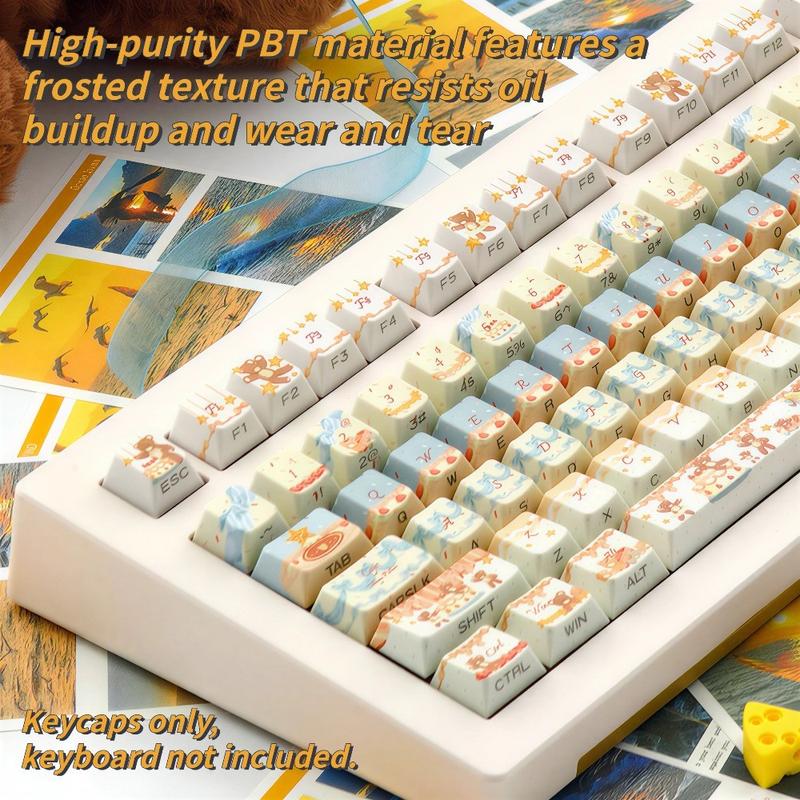 New 120-key Cream Bear Themed Side-Engraved Translucent Keycaps, CHERRY Profile Double-Shot PBT Material, Adopting 5-Side Dye-Sublimation Technology, Wear-Resistant, Anti-Shine, Mechanical Keyboard Keycaps, Gaming Keyboard Keycap