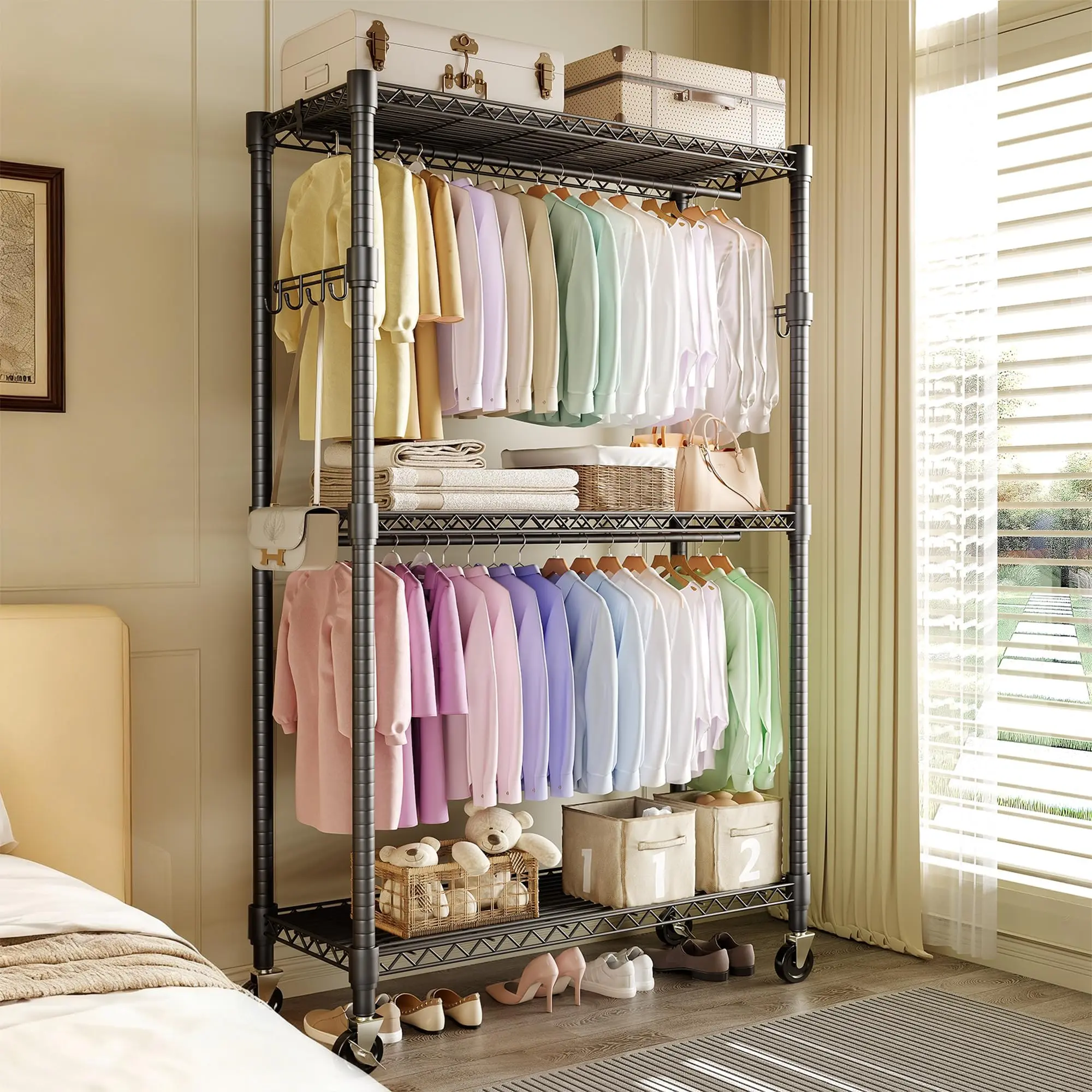 Heavy-Duty Rolling Garment Rack with 3 Adjustable Storage Shelves & Dual Hanging Rods, Built-in Side Hooks, Sturdy Metal Freestanding Closet Organizer, Portable Design, Holds Up to 695 LBS for Bedroom Clothing Storage