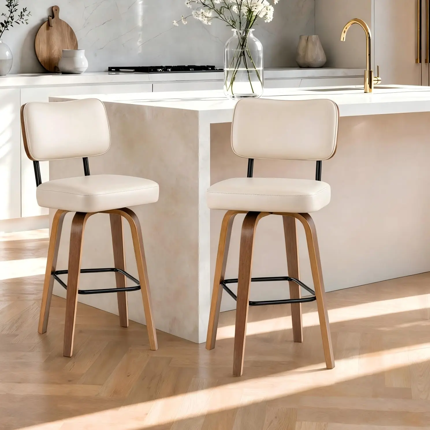 Swivel Bar Stools Set of 2, 26" Upholstered Counter Height Bar Stools with Back and Walnut Wood Legs, Faux Leather Barstools for Kitchen Counter
