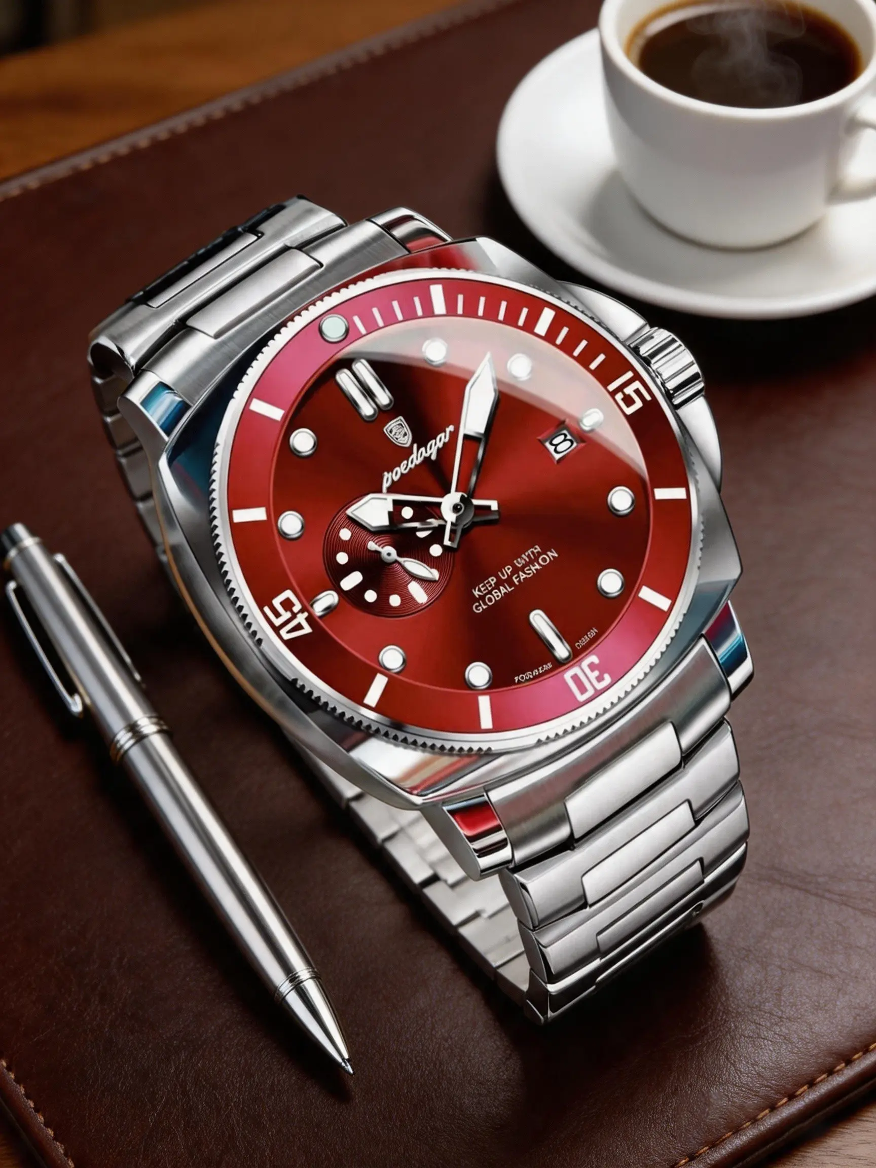 Men Diver Watch Solid Stainless Steel Band Burgundy Sunburst Dial Rotating Bezel Luminous Dot Marker Small Second Date Waterproof Quartz Wristwatch Sports Business Male Watch Gift for Husband Father Outdoor Daily Quartz Analog Watch