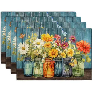 Rustic Daisy Placemats Set of 4 Vintage Flower Vases Wood Grain Linen Table Mats 12x18 Inch Summer Floral Wooden Board Farmhouse Washable Place Mat for Party Kitchen Dining Outdoor Indoor Decor