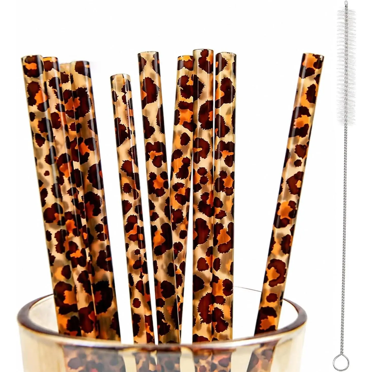 10 count  Leopard Straws Hard Plastic Drinking Straw and Cleaning Brush Leopard Print  Drinking Straw Statement   Straws for Party(Brown)