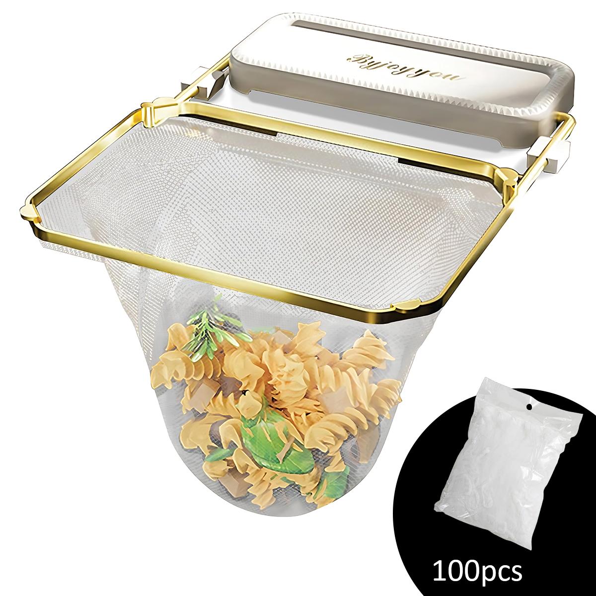 Foldable Kitchen Sink Filter Basket, 100 Disposable Mesh Bags, Rotatable Food Waste Disposal Gadget (White)