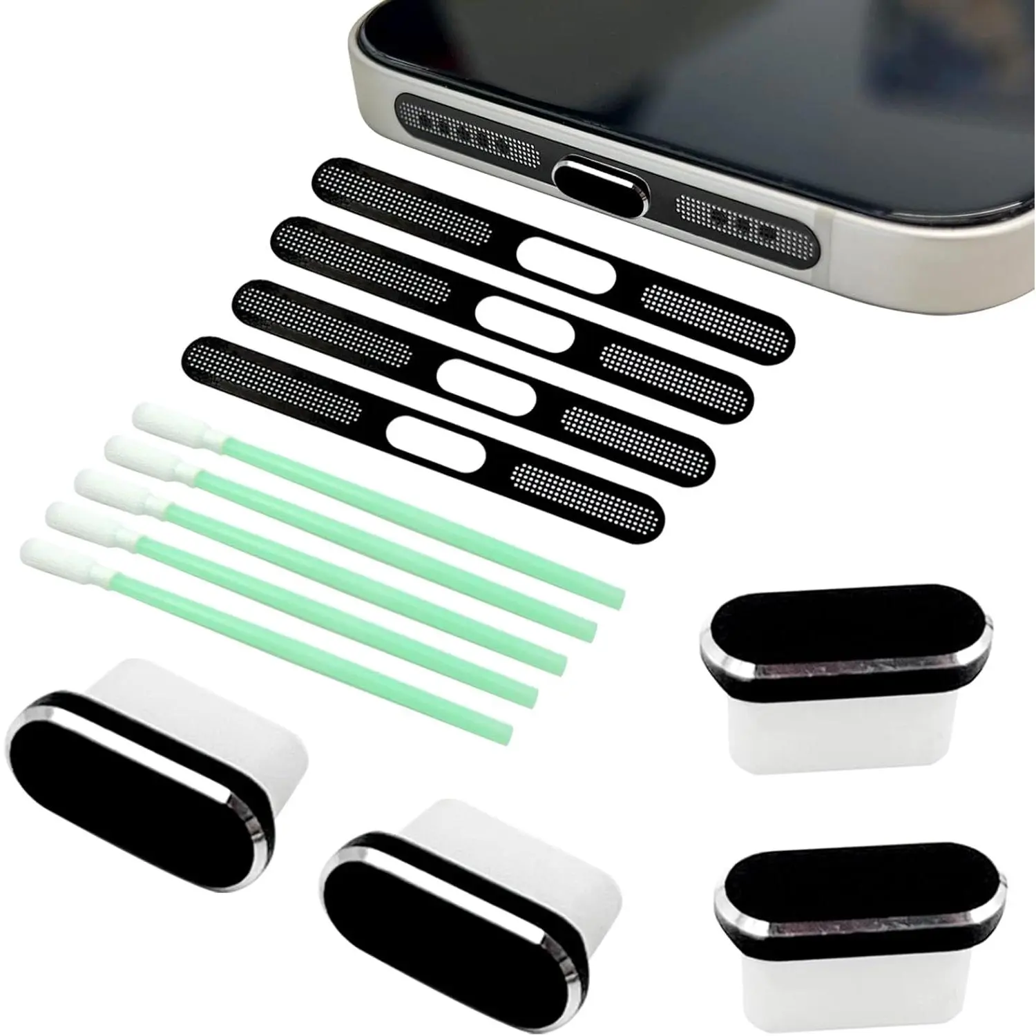 Silicone 4-Pack USB-C Dust Covers with Speaker Mesh, Type-C Charging Port Plugs & Audio Protectors for iPhone 15/16 Series (Black)