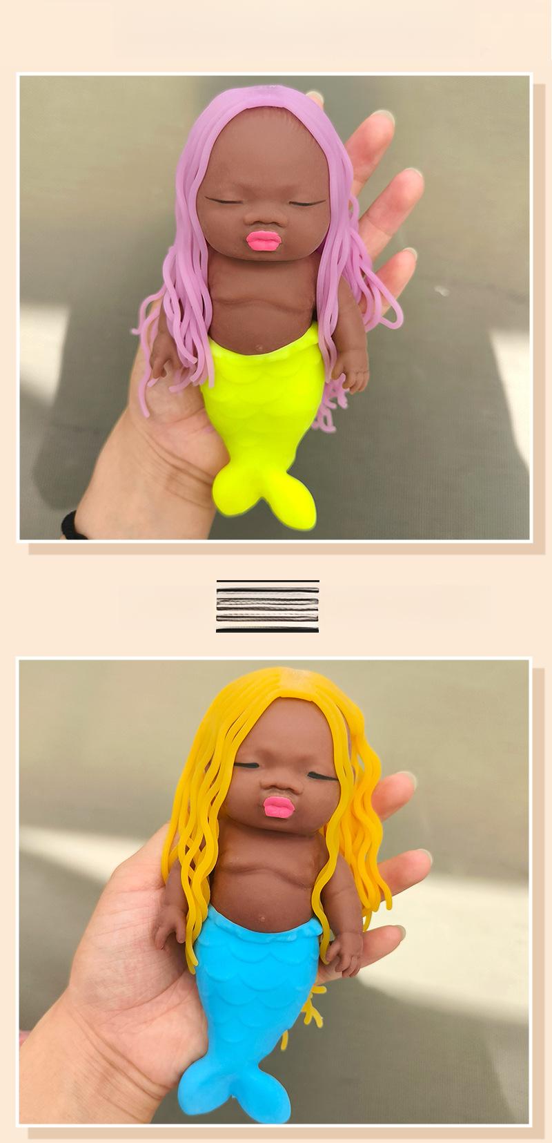 "Ugly-Cute" Long-Haired Mermaid Princess Stress Relief Toy - Black Soft-Gel Squeezable Palm-Sized Doll
