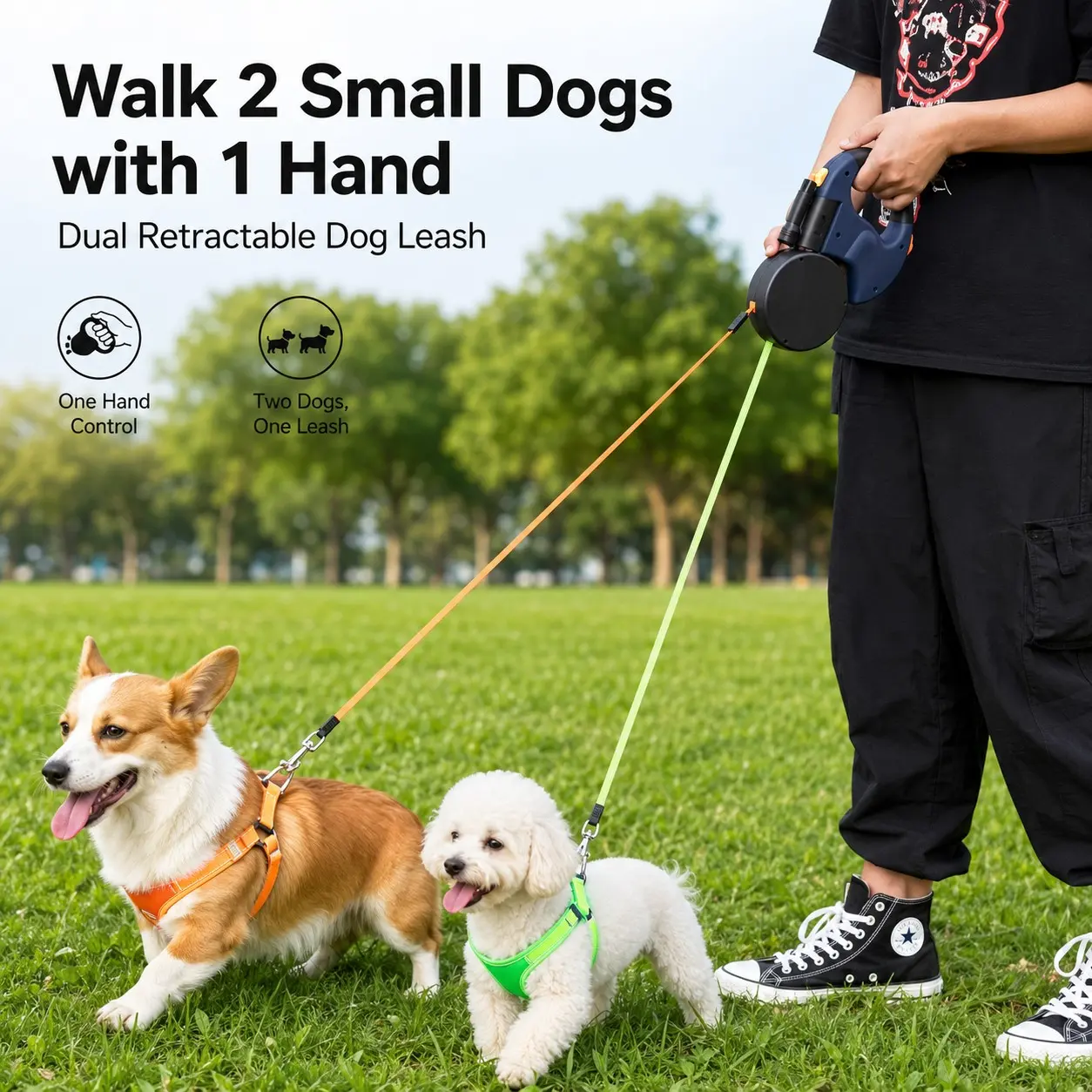 Dual Retractable Dog Leash for 2 Small Dogs, Two 10 Ft Reflective Leashes, Separate Controls, 360° Rotating Guide, Daily Walking