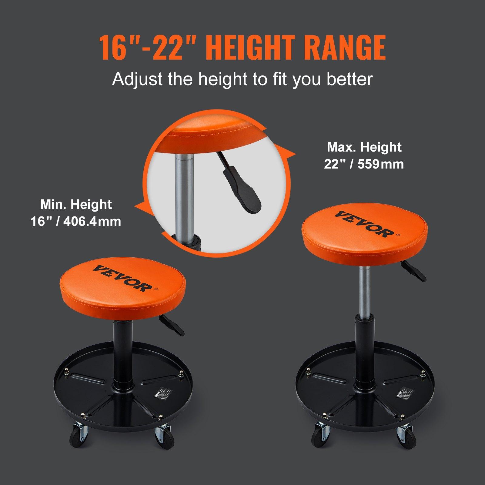 VEVOR Mechanic Stool, 250 LBS Rolling Pneumatic Creeper Garage/Shop Seat, Adjustable Height 22 in-28 in Padded Rolling Workshop Stool with Tool Tray, for Garage, Shop, Auto Repair, Black+Orange VEVOR Mechanic Stool, 250 LBS Rolling Pneumatic Creeper Garage/Shop Seat, Adjustable Height 22 in-28 in Padded Rolling Workshop Stool with Tool Tray, for Garage, Shop, Auto Repair, Black+Orange