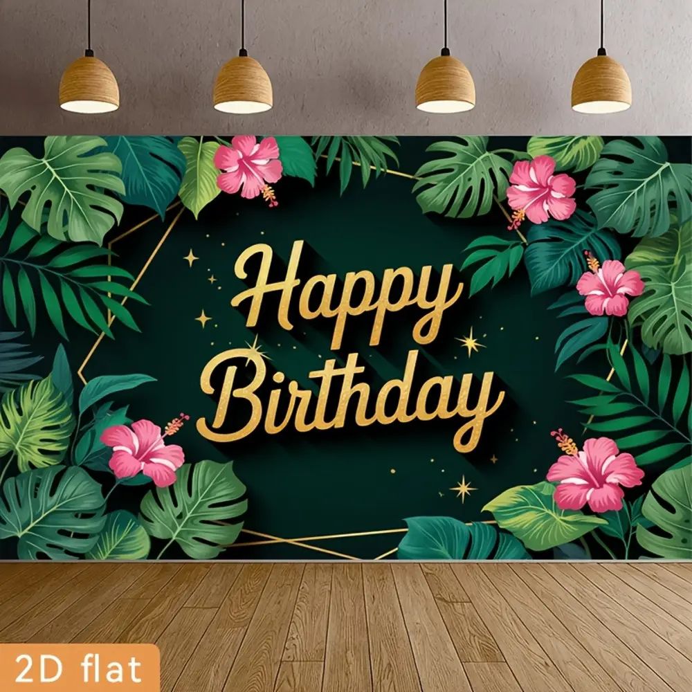 2D Flat Banner HD Digitally Printed Polyester Photography Backdrop Sheet, Tropical Pink Hibiscus & Botanical Leaf Happy Birthday Design, Soft Lightweight Foldable Cloth for Birthday Parties