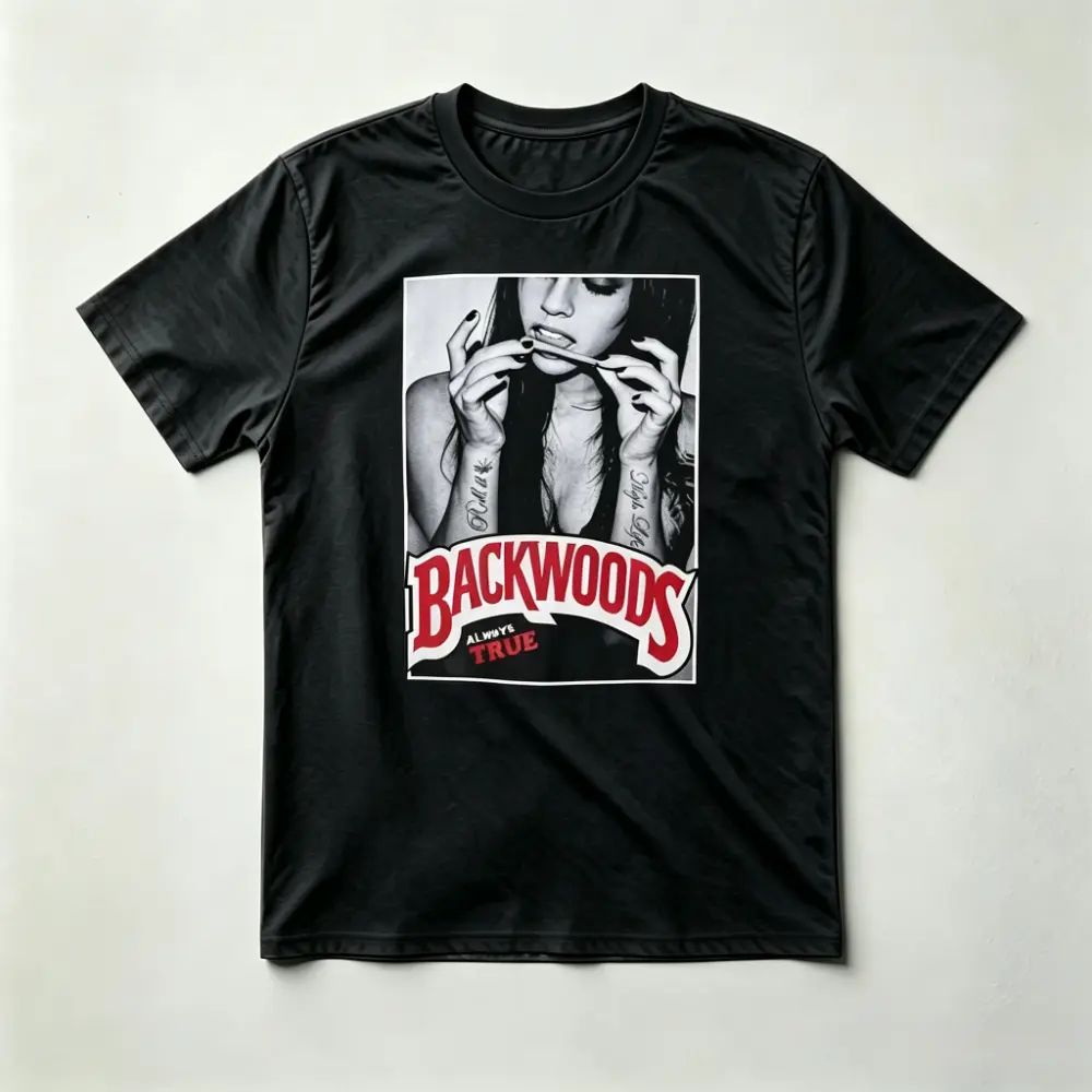 Cool "Backwoods" printed black oversized baggy T-shirt, 100% cotton crew neck short sleeve boxy graphic tee for men-summer streetwear, Y2K festival skater casual outfits graphic tees