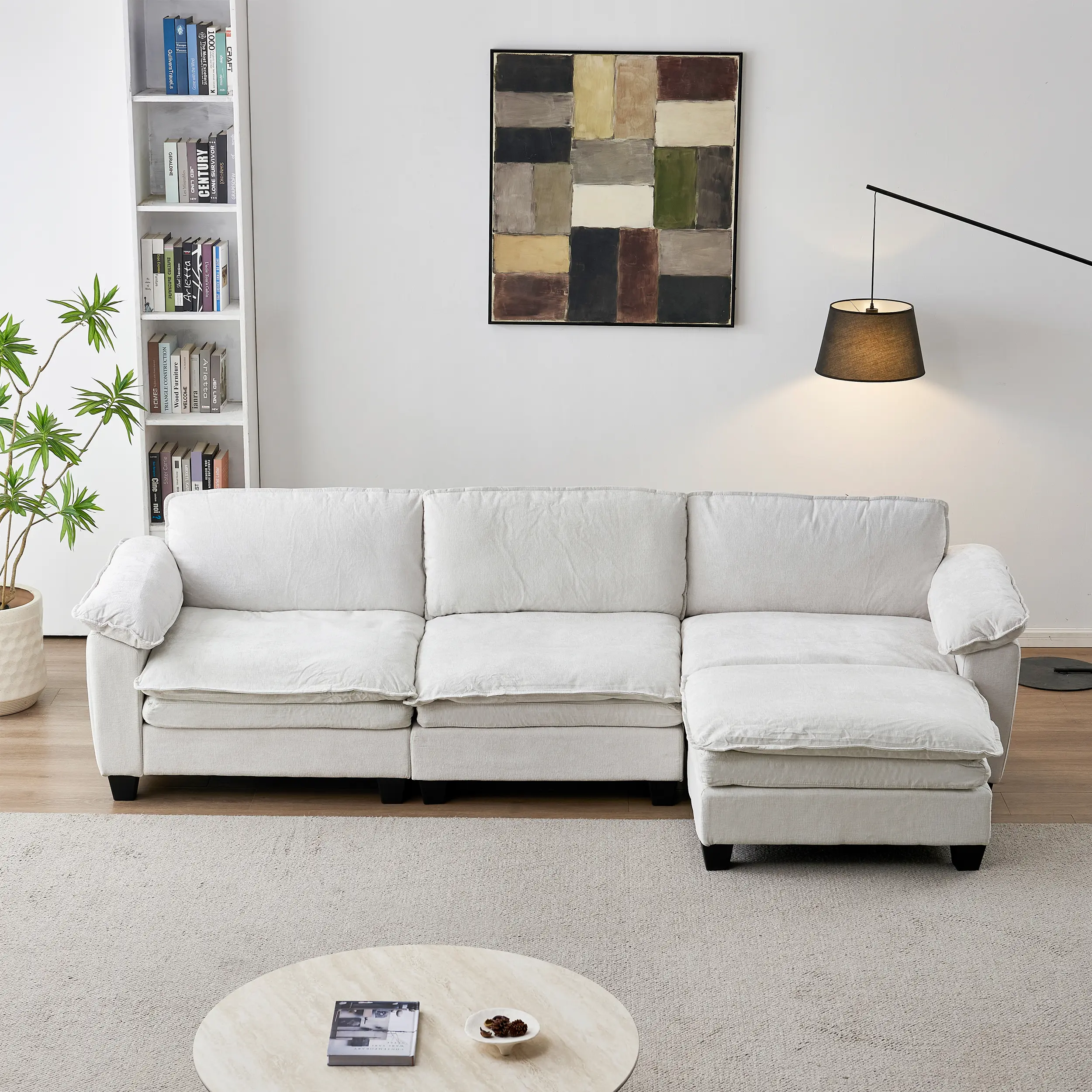 ARCH Luxury L-Shape Chenille Upholstered Sectional Couch Set with Ottoman, Cushion, Space-Saving Corner-Maximizing Design, Beige Modern Comfortable Family Living Room Indoor Furniture for Apartment Lounge