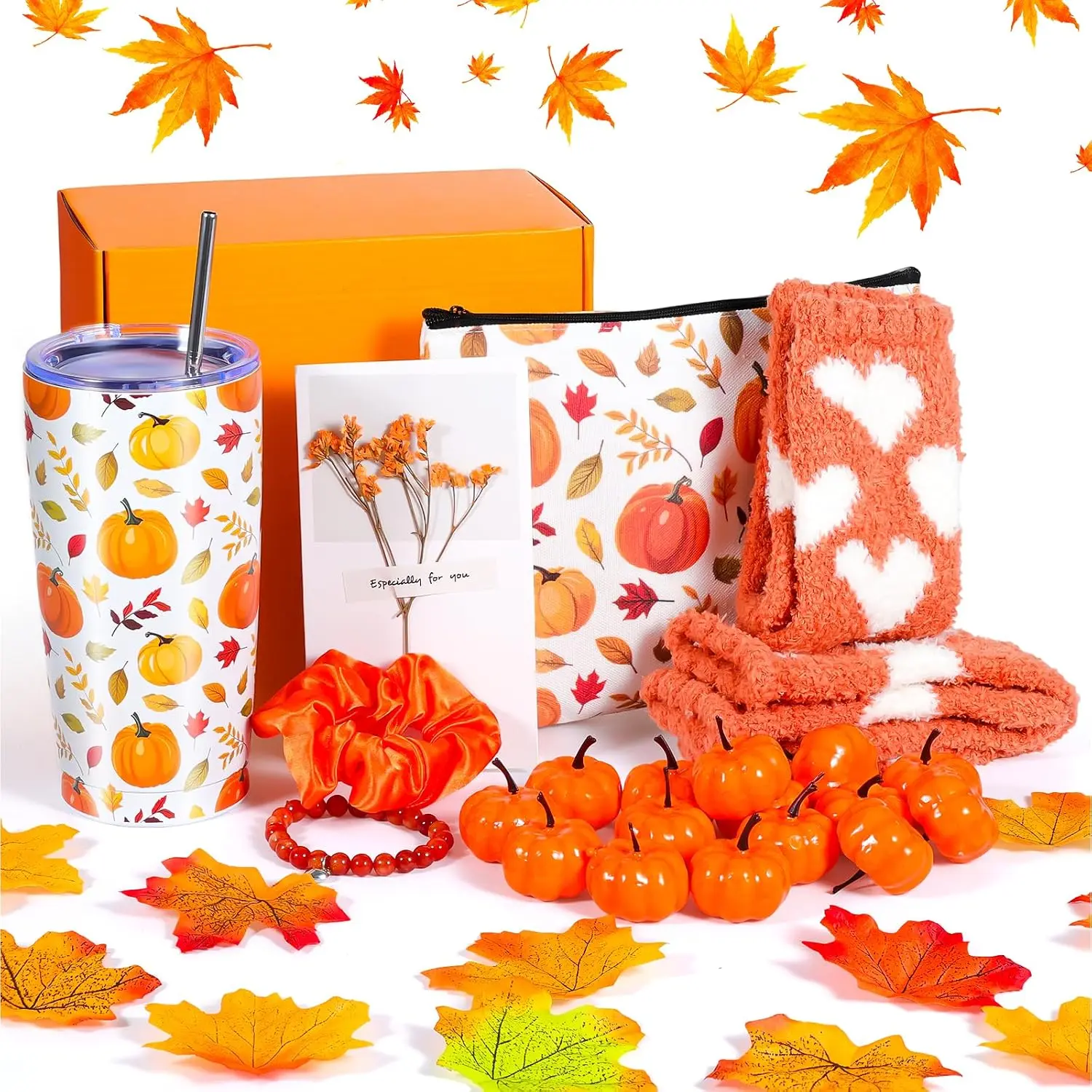 Fall Thanksgiving Birthday Gift Basket for Women with Stainless Steel Insulated Tumbler, Cosmetic Bag, Fuzzy Socks, Artificial Pumpkins and Maple Leaves