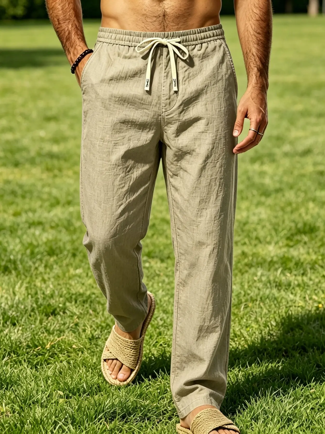 British casual style linen straight leg pants with loose hanging pattern, double-sided pockets, skin friendly, breathable, wrinkle resistant, men's commuting, beach travel, multi scene comfortable pants Casual Slacks
