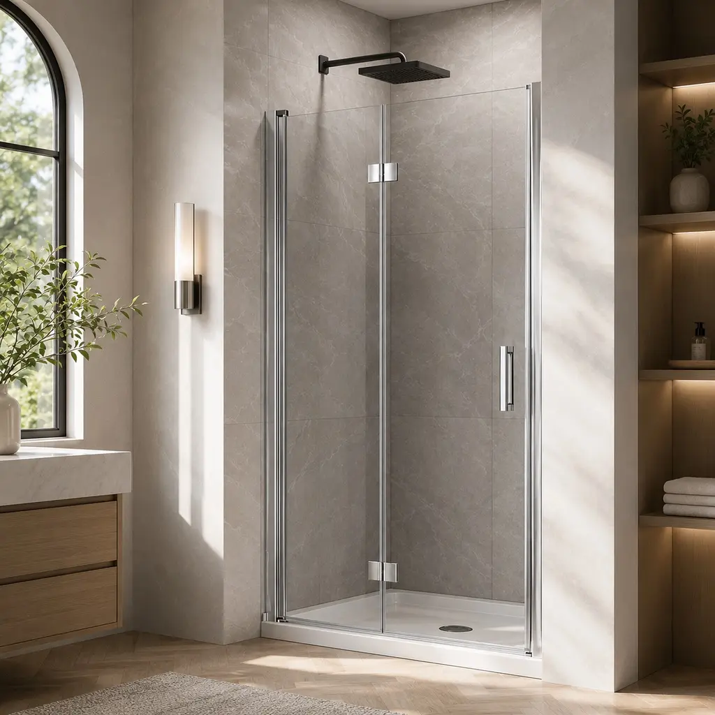36 x 72 Inch Bifold Frameless Glass Shower Door, 1/4" Tempered Clear Glass, Pivot Swing Shower Panel, Chrome Finish, Adjustable Width 36-37.2", Left or Right Installation, Modern Bathroom Enclosure