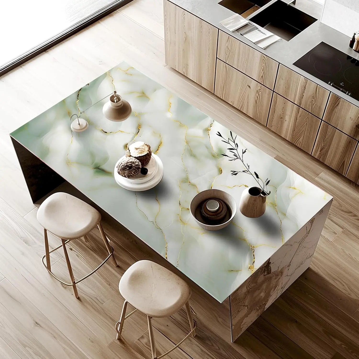 Marble Wallpaper Peel and Stick Self Adhesive Contact Paper Waterproof Vinyl Wrap Cover Furniture Sticker for Kitchen Countertops Cabinets Table Desk 39.37 x 23.62 in (Light Green)