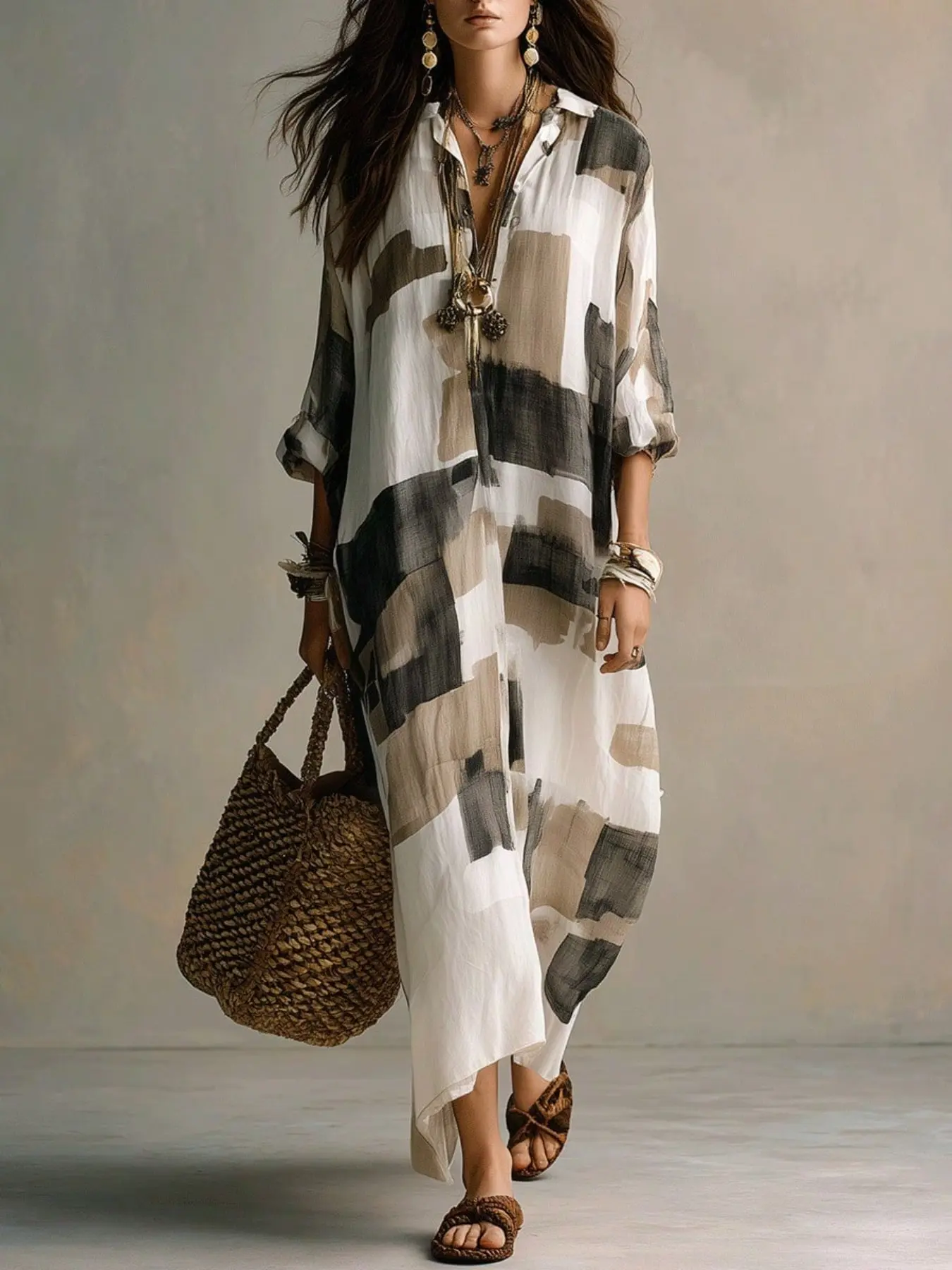 Women's Fashion Loose Irregular Print Shirt Dress, Turn-Down Collar, Seven-Eighth Sleeves, Roll-Up Design, Outdoor Beach