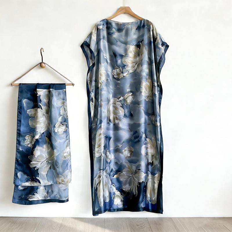 Floral Print Dress with Scarf, Elegant Casual Robe Dress, Loose Fitting Long Maxi Skirt with Short Sleeves, Women's Summer Lounge Wear Two Piece Set Floral Print Dress with Scarf, Elegant Casual Robe Dress, Loose Fitting Long Maxi Skirt with Short Sleeves, Women's Summer Lounge Wear Two Piece Set