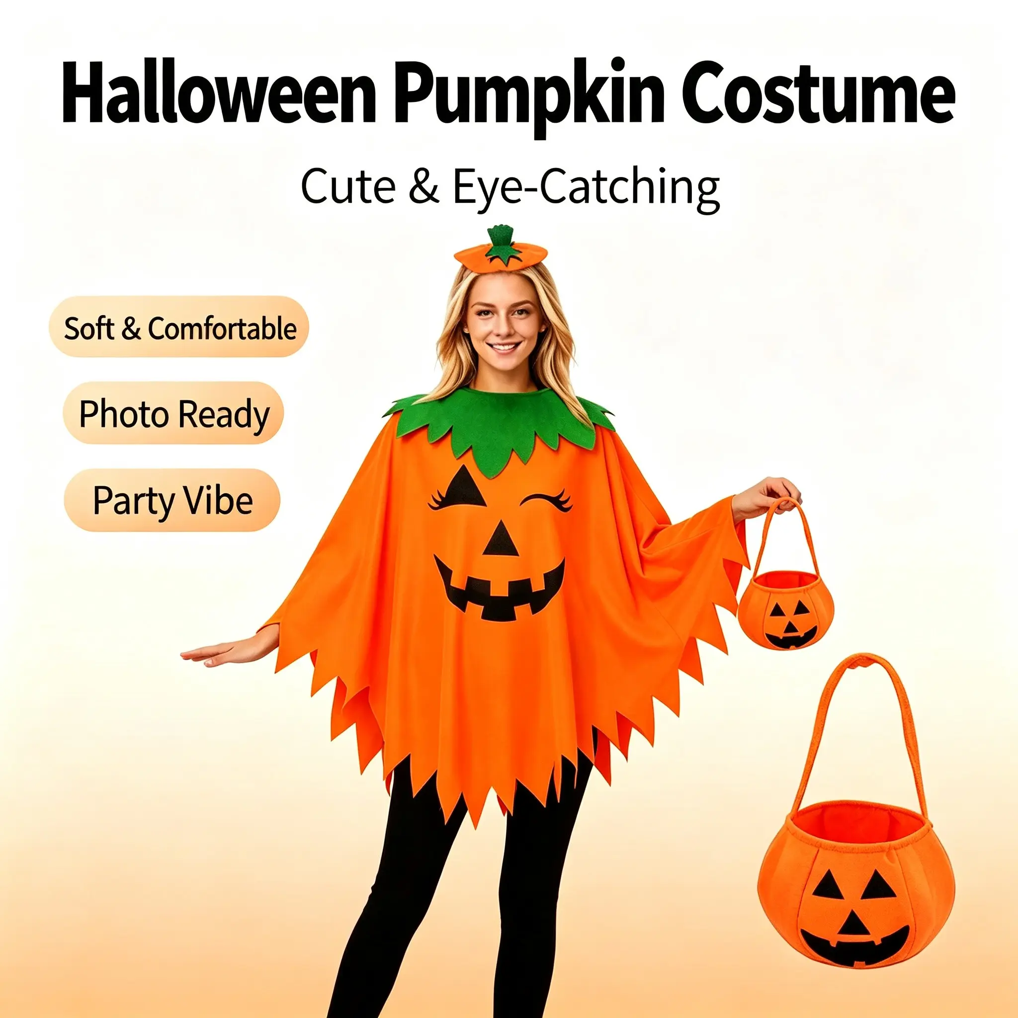 3pcs Women Halloween Pumpkin Poncho Costume Set, Includes Pumpkin Headband & Candy Bag, Perfect for Halloween Parties and Events