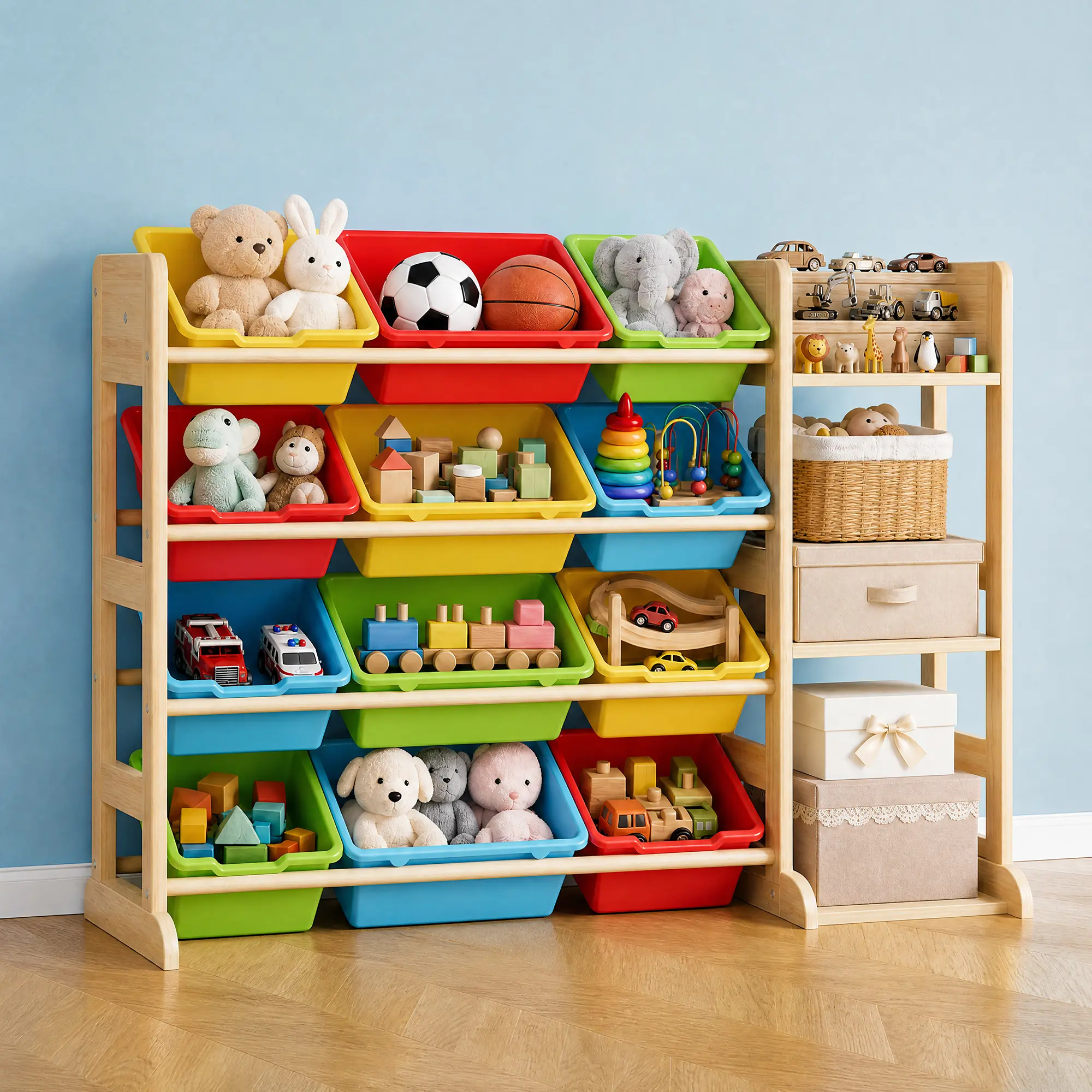 Solid Wood Kids Toy Storage Organizer Cabinet – 12 Bins & 3 Open Shelves – Wide Bookshelf Unit for Playroom, Nursery, Bedroom – 42" Wide