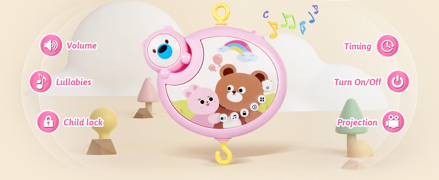 Crib Mobile with Music and Lights, Baby Mobiles for Cribs, Nursery Musical Mobile for Bassinets Toys Hanging Girls Boys, Pack and Play Space Portable Animal Mobile Hanger Arm Clip On Attachment