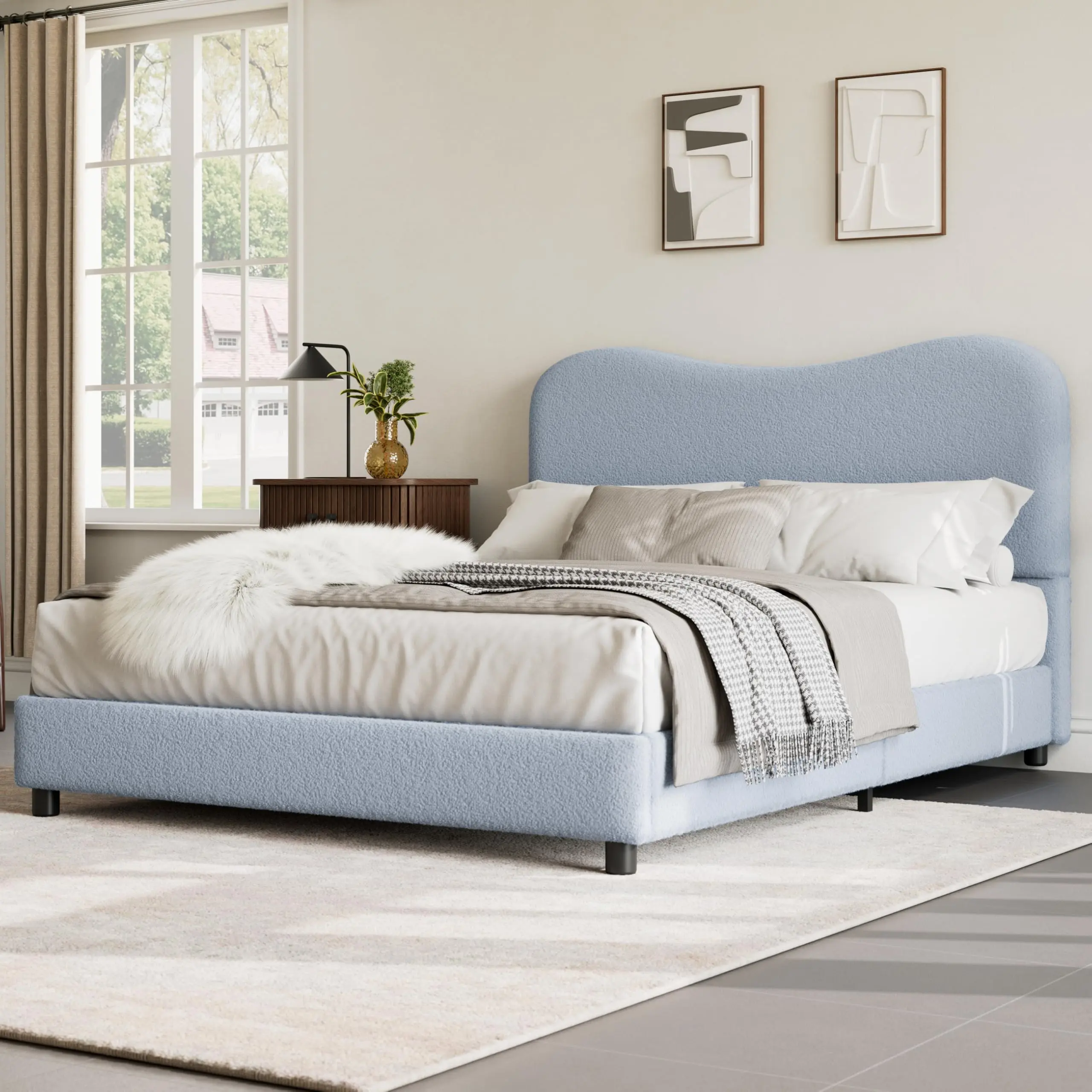 Garvee Full Bed Frame with Velvet Upholstered Headboard, Low Profile Platform Design, Strong Wooden Slats, Noise-Free, Easy Assembly, No Box Spring Needed, Beige, Suitable for Youth Bedrooms