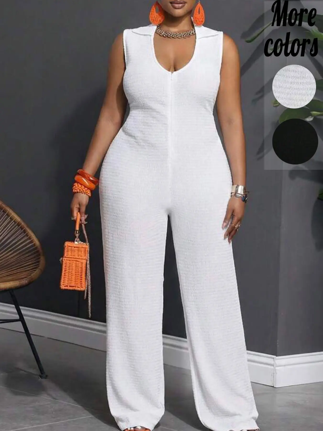【Plus Size】1 Piece Sleeveless Zip Up Wide Leg Textured Casual Style Jumpsuit, Chic Minimal Boss Lady Outfit, Stretch Slim Fit for Curvy Figures, Ideal for Work, Party & Daily Styling | TikTok Trending Hot Pick