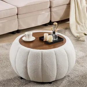 30 Inches Large Round  Ottoman With Storage,Pumpkin Shape Upholstered Ottoman Coffee Table, With Removable Wooden Top, Soft Teddy Fabric Surface, For Living Room, Bedroom