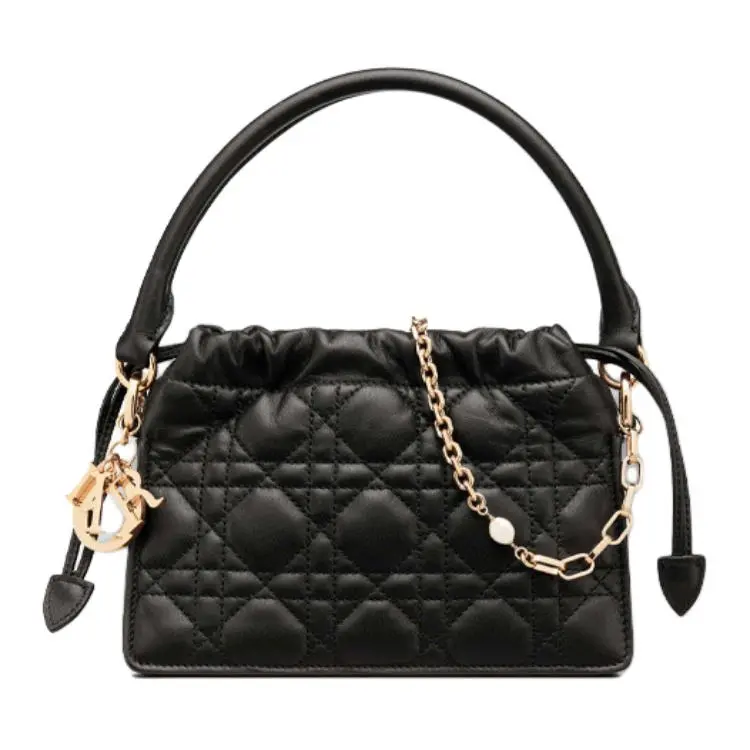 DIOR Lady Dior Milly Mini Crossbody Bag for Women – Black Calfskin Quilted Tote with Metal Pendant and Drawstring