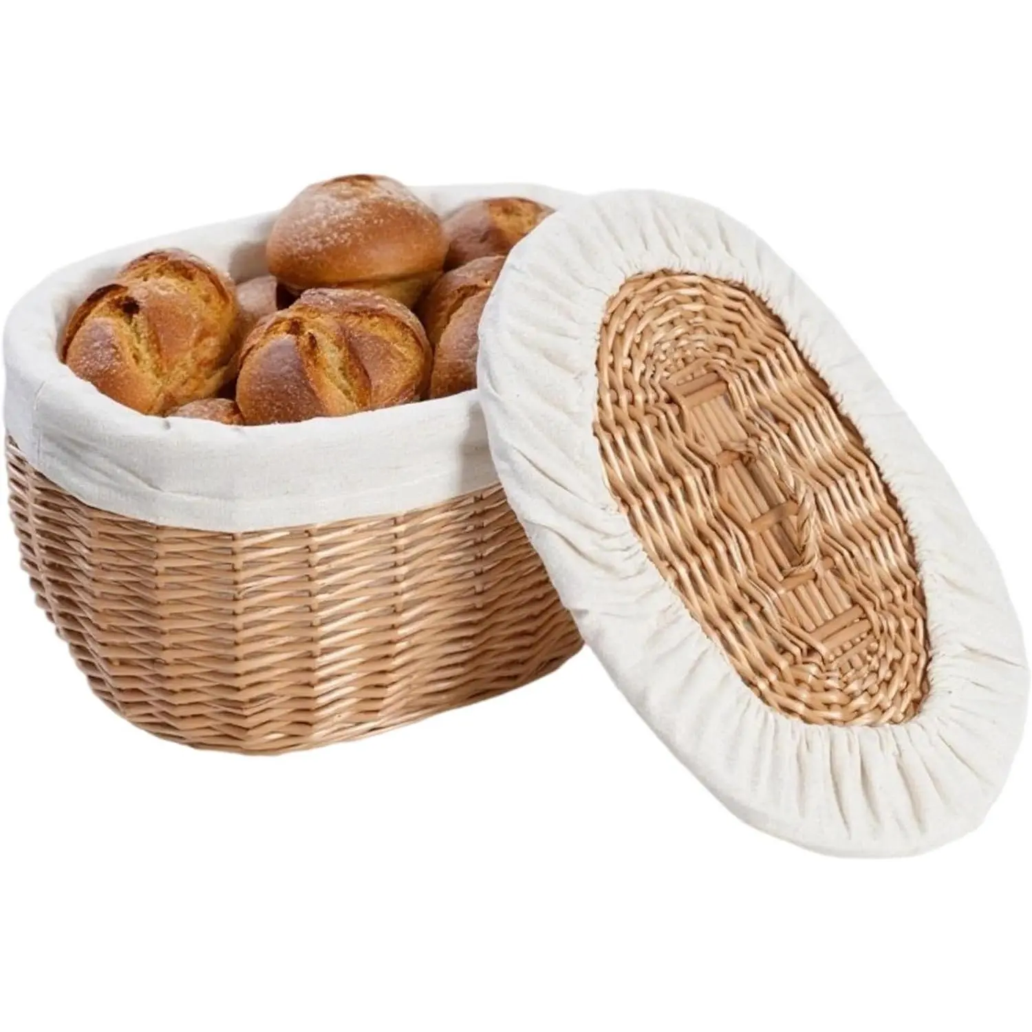 Wicker Bread Basket Serving with Lid & Removable Lining, Sourdough Proofing Basket,Eco-friendly Bread Storage basket Ideal for Picnics & Dining (Oval)