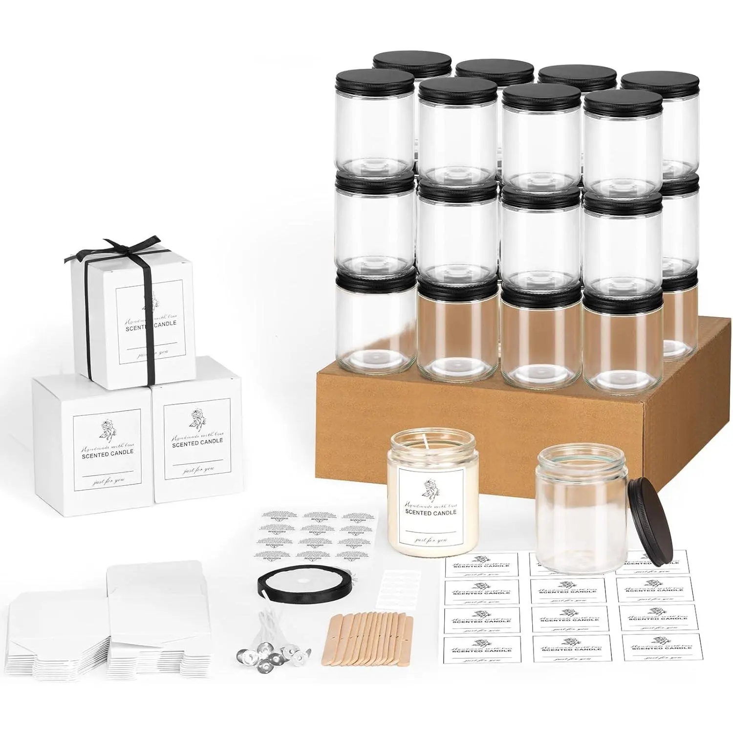 24 Pack 8OZ Thick Glass Jars with Metal ,Candle Jars for Candle Making with Kits & Labels &  Box,Empty Glass Jars for  Storage,Canning, Spices, Liquids