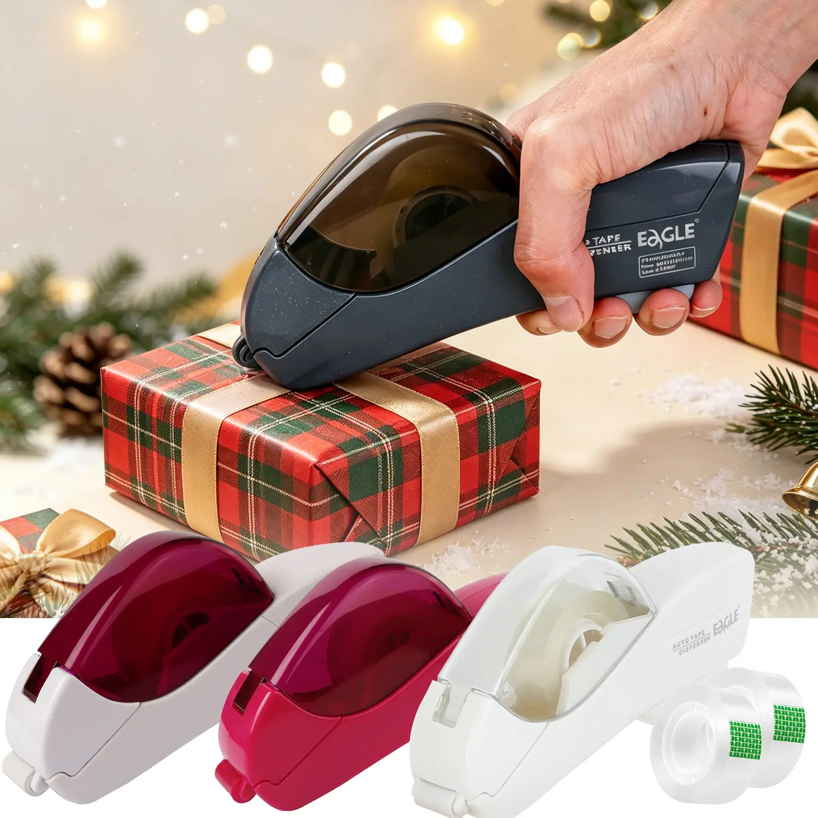 Christmas Tape Dispenser, Automatic Distributor, Includes 2 Rolls, Handheld, Suitable for 1/2 and 3/4 Inch Tape, Craft and Gift Packaging