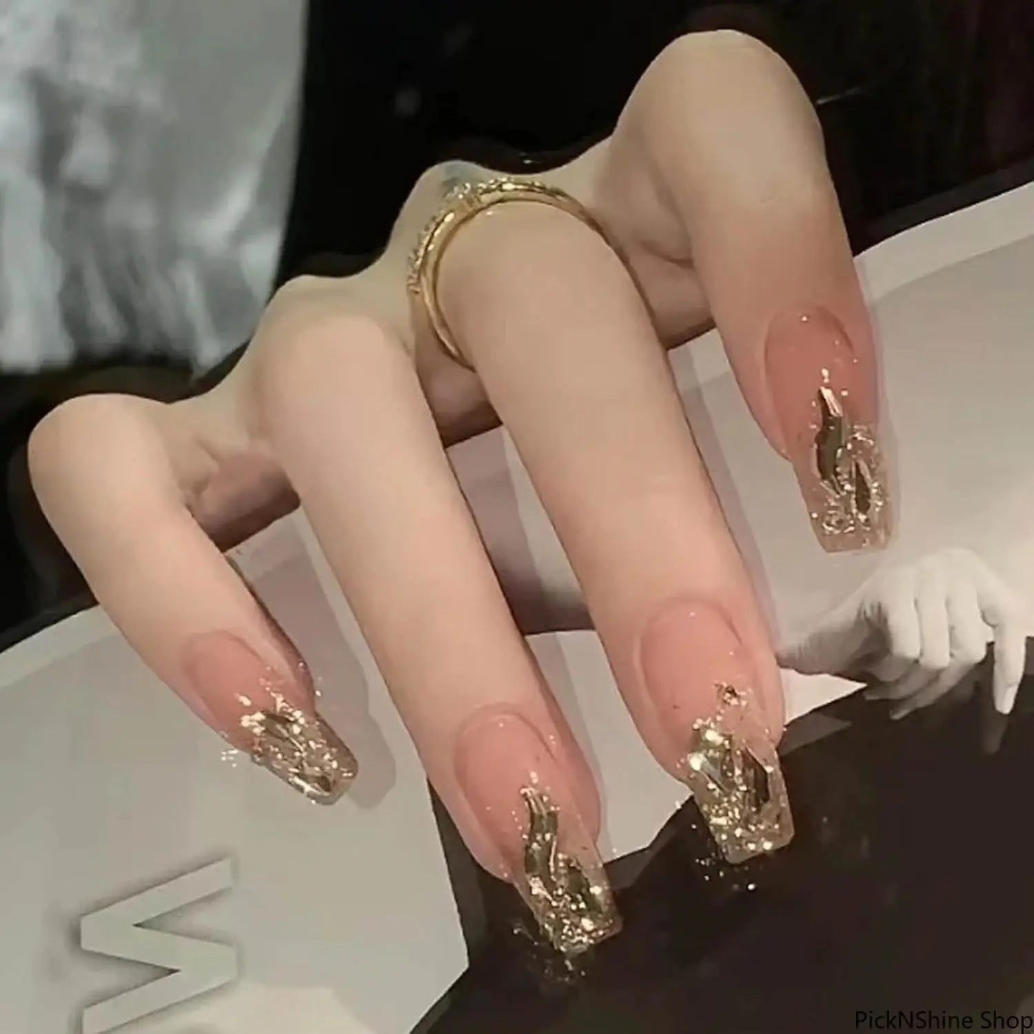 Gold Glitter Coffin Press On Nails for Women, Medium Full Cover False Nails with Nude Pink Gradient Design, Shiny Metallic Foil Accent Acrylic Nail Tips for Party, Wedding, Date Night and Daily Wear