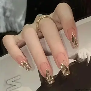Gold Glitter Coffin Press On Nails for Women, Medium Full Cover False Nails with Nude Pink Gradient Design, Shiny Metallic Foil Accent Acrylic Nail Tips for Party, Wedding, Date Night and Daily Wear