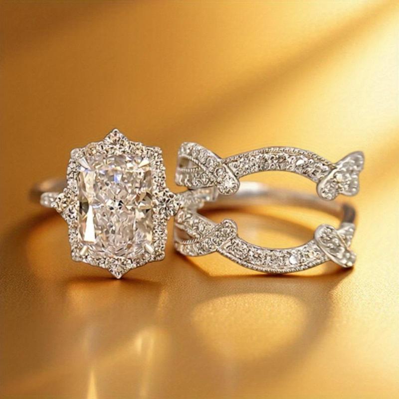 2-Piece Princess-Style Shiny Multi-Layer Square Couple Rings Synthetic Cubic Zirconia Stackable Rings Bride Engagement Promise Wedding Anniversary Birthstone Rings Valentine's Day Christmas Gifts High-Quality Jewelry for Women