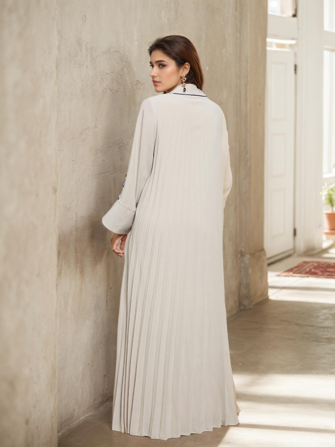 Women's Contrast Binding Open Front Abaya, Modesty Abaya, Elegant Long Sleeve Pleated Drawstring Outerwear for Spring & Fall, Ladies Islamic Clothing for Daily Wear