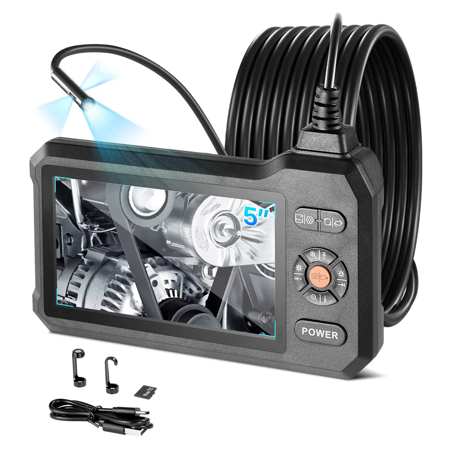 VEVOR 5-Inch HD IPS Screen Triple Lens Endoscope with Light, 1280x720 Lens, 8+2 LEDs, 5-Level Focus Zoom, 180° Image Rotation, IP67 Waterproof, 16.4FT/5M Rigid Cable, 32GB Memory Card, Video Capture, Omni-View, with Memory for Pet Grooming Inspections, Sd