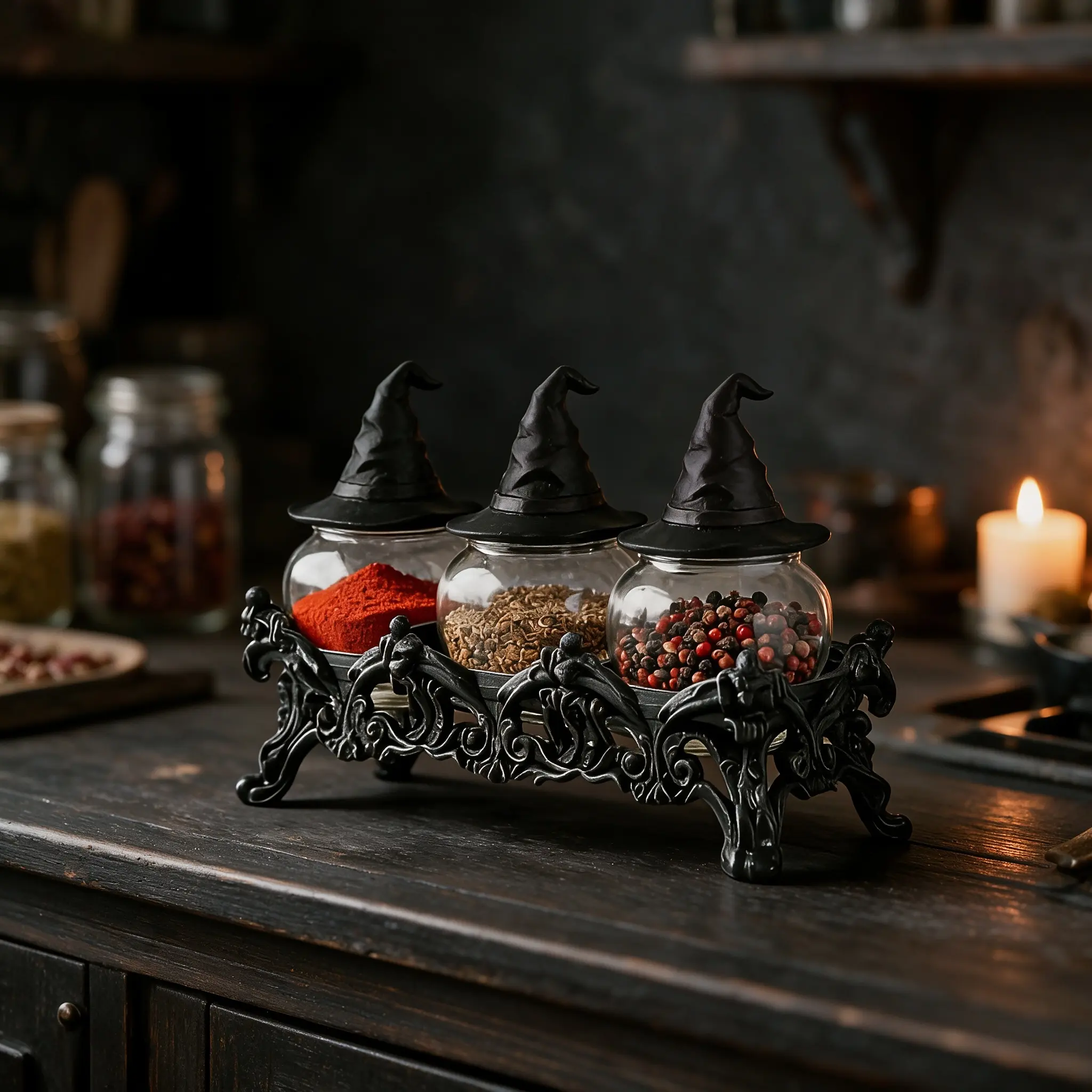 Three Witch Potion Jar Spice Storage Set Gothic Jar Bodies with Handmade Vintage Glass Witch Hat Lids, It Balances Decorative Appeal And Practicality, Serving As Ideal Gifts for Halloween And Easter, And Is Suitable for Gothic-themed Kitchens.