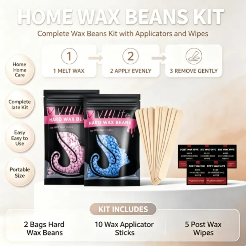 Complete DIY Hard Wax Hair Removal Kit, Dual Color Wax Beans, 10pcs Disposable Wooden Scraper, 5pcs Soothing Wet Wipes, Beginner Friendly, Unisex