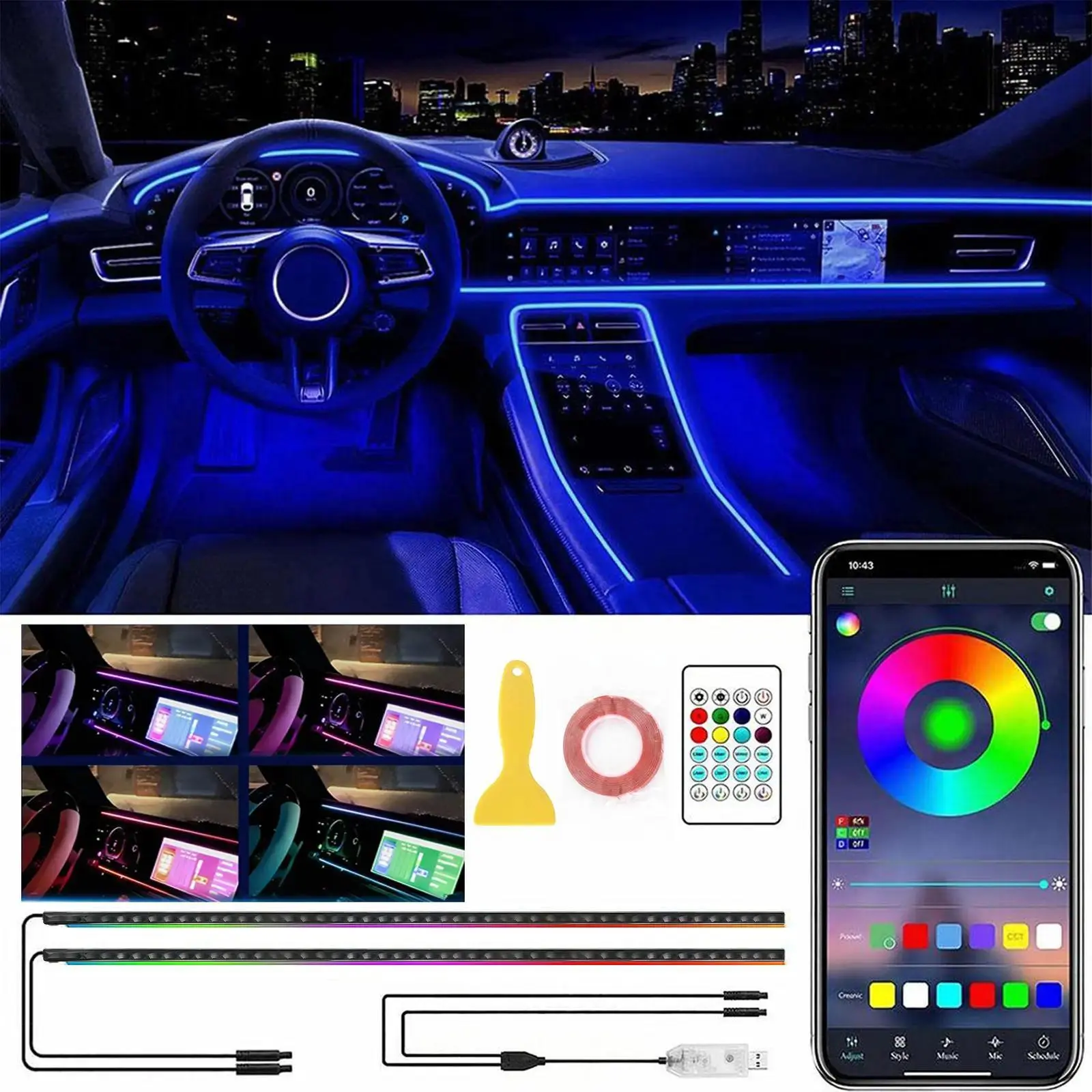 Smart LED Interior Car Lights, USB Powered RGB Car Ambient Lighting with App Control & Music Sync, DIY Mode 110cm+110cm 2-in-1 Design,Multi-Color Decor for Cars Trucks,Gift for Men & Women