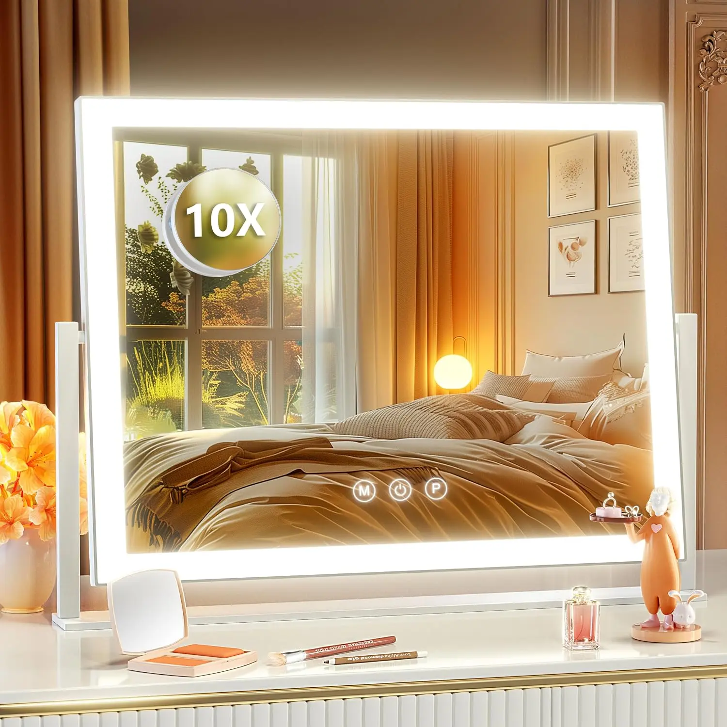 Lighted Makeup Mirror, 17.3"x13" Hollywood Mirror with Led Lights, Color Lighting Modes, and 10X Magnification Mirror,, 360°(White, Gift Box)