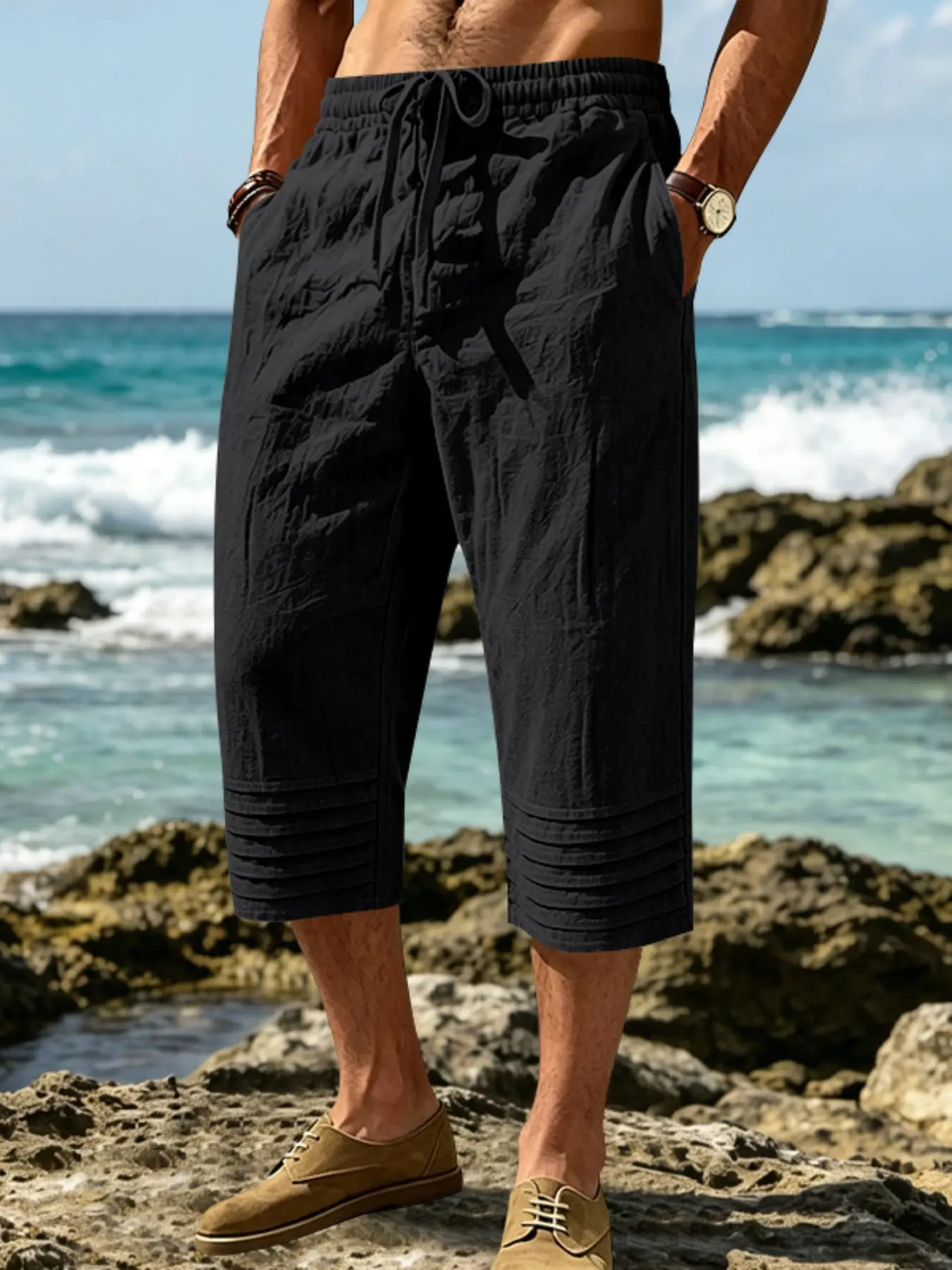 Men's Solid Color Linen Seven-Quarter Loose Casual Pants, Drawstring Elastic Waist, Pleated Legs, Lightweight Breathable, Summer Beach Vacation, Multiple Colors Available