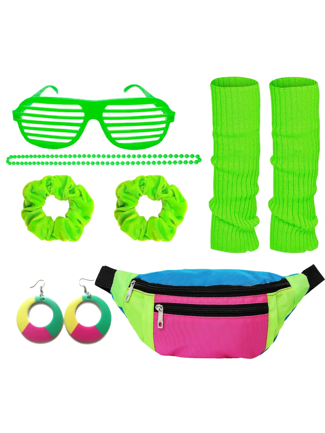 80s Neon Party Accessory Set (9 Pieces), Perfect for 90s Disco, Halloween Costume, Role Play Clothing