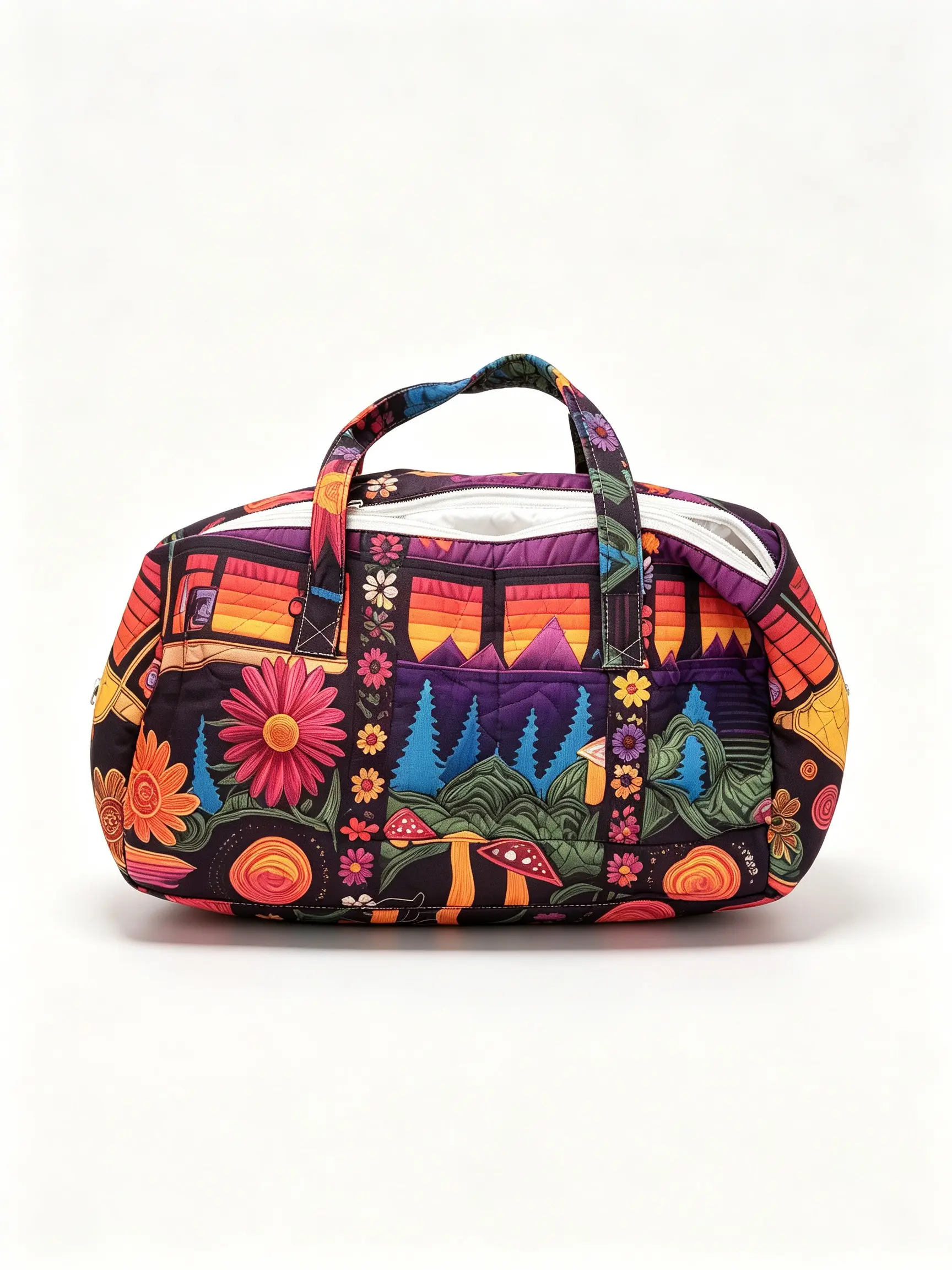 Vintage Hippie Travel Luggage Bag Peace Sign Floral Weekend Tote Bohemian Casual Vacation Women's Handbag