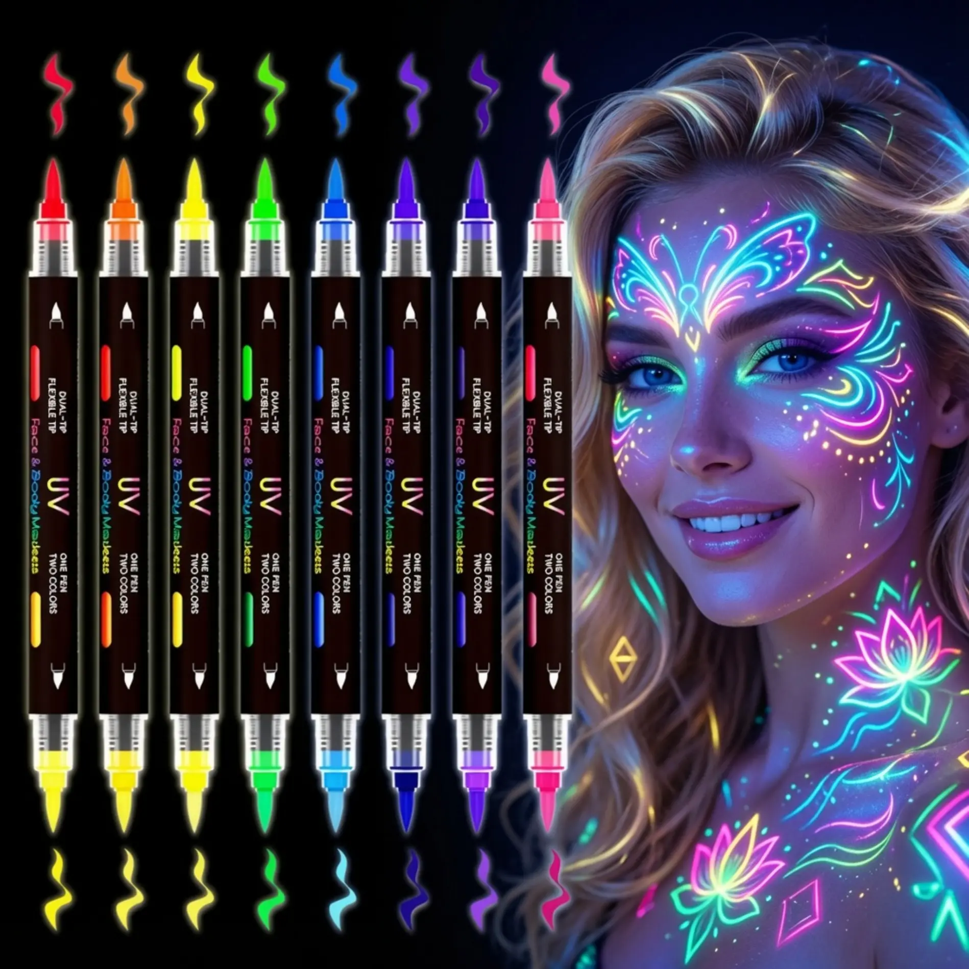UV Body Paint Pens, 8-Pack 16-Color Neon Face Paint Markers, Non-toxic Washable Cosmetic Supplies for Halloween, Glow Parties, Cosmetic Paint