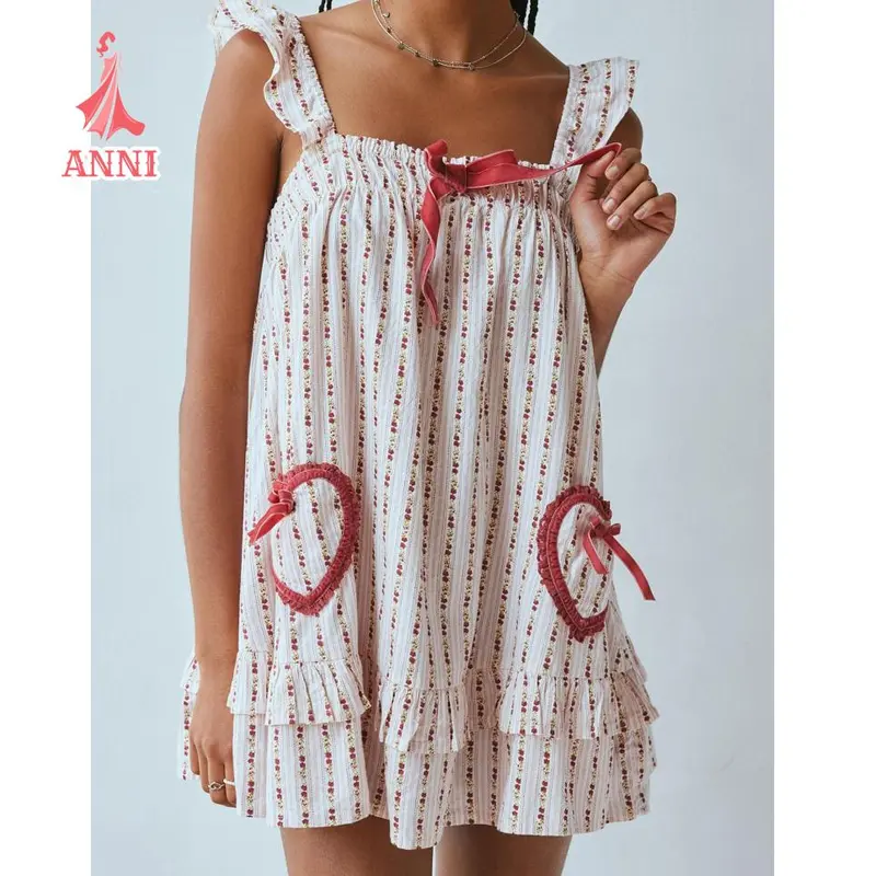 Women's Ruffle Strap Mini Dress Sleeveless Square Neck Bow Front Flowy Dress Summer Babydoll Dress