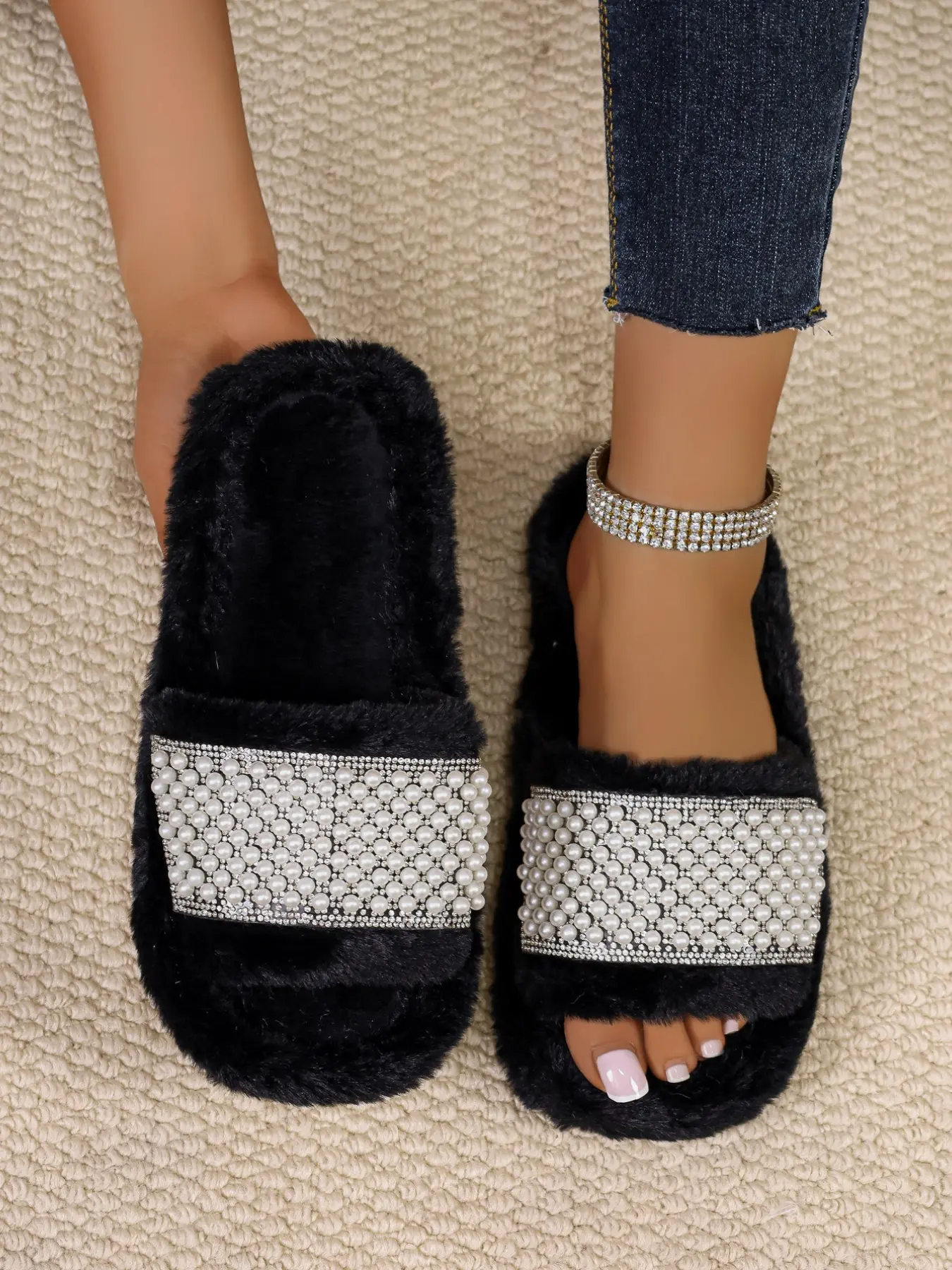 Women's Open-Toe Pearl Fuzzy Slippers, Soft Thick Sole Non-Slip Indoor Cotton Shoes, Fashionable Flat Heel Home Slippers for Fall Winter